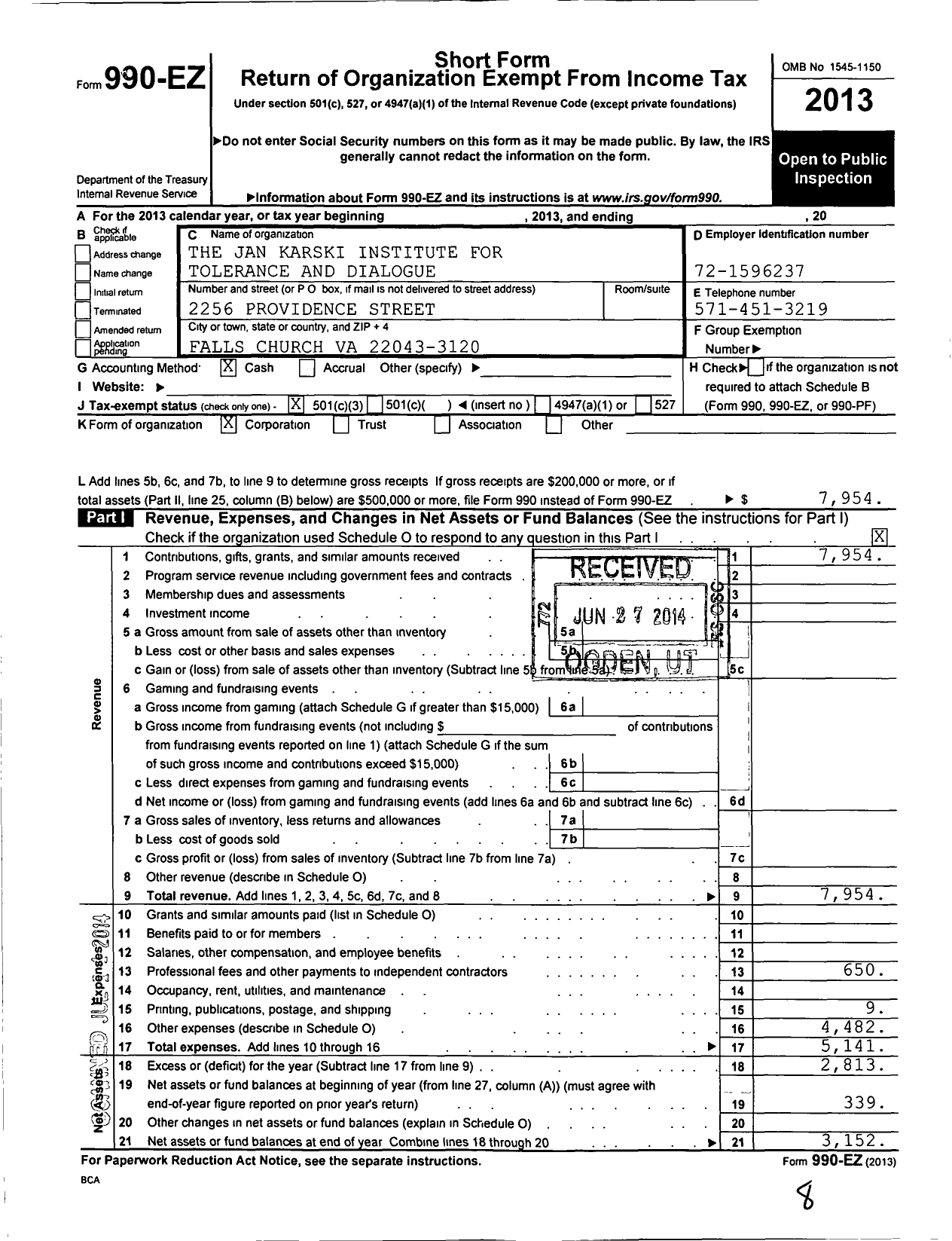 Image of first page of 2013 Form 990EZ for Jan Karski Institute for Tolerance and Dialogue