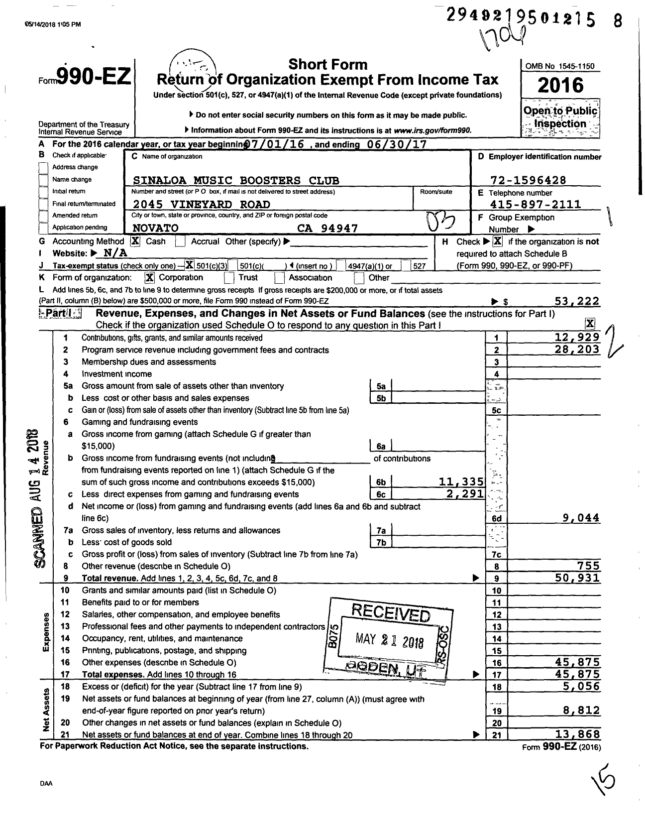 Image of first page of 2016 Form 990EZ for Sinoloa Music Boosters Club