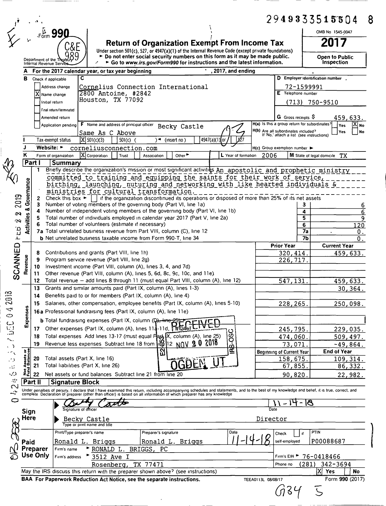 Image of first page of 2017 Form 990 for Cornelius Connection International