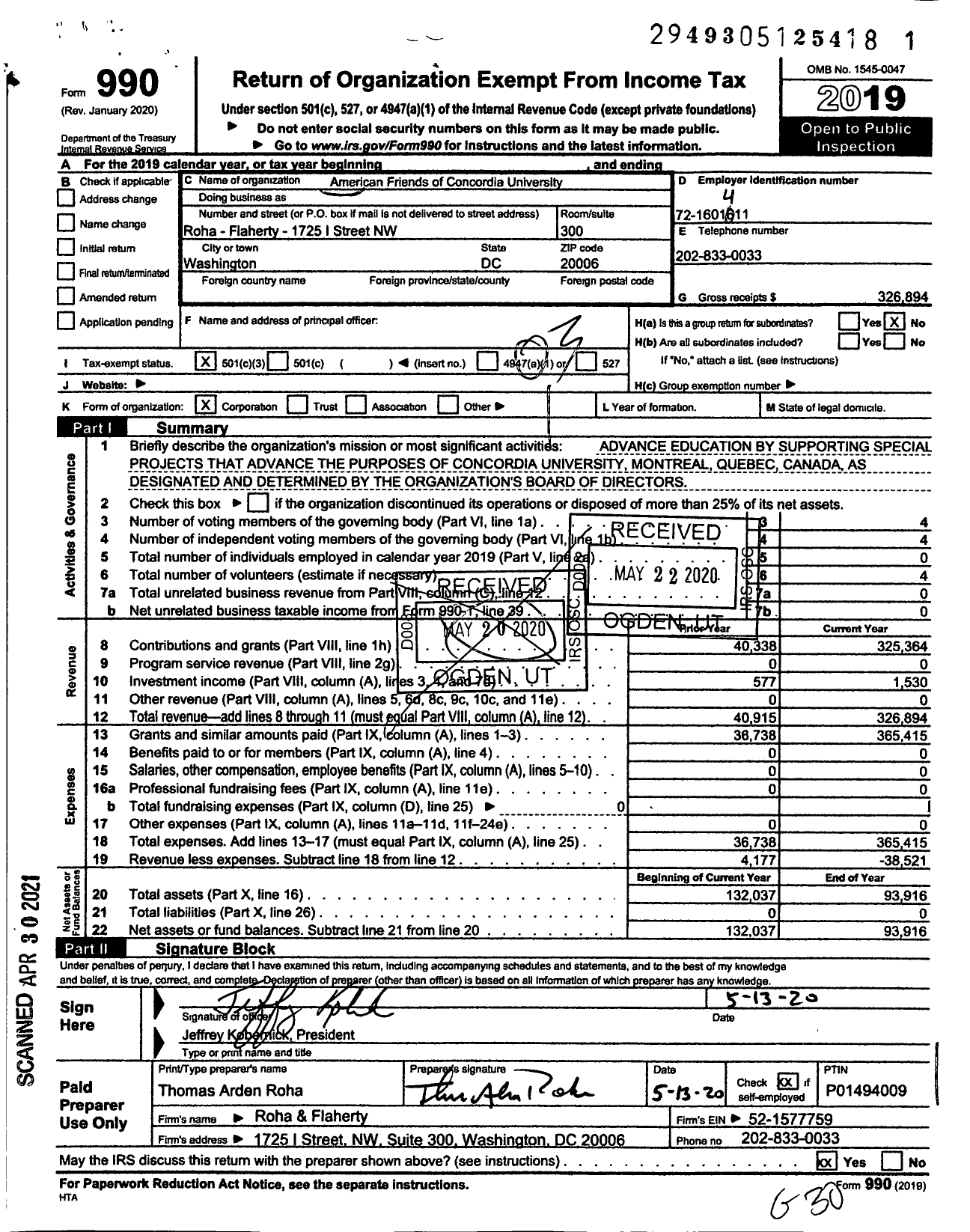 Image of first page of 2019 Form 990 for American Friends of Concordia University