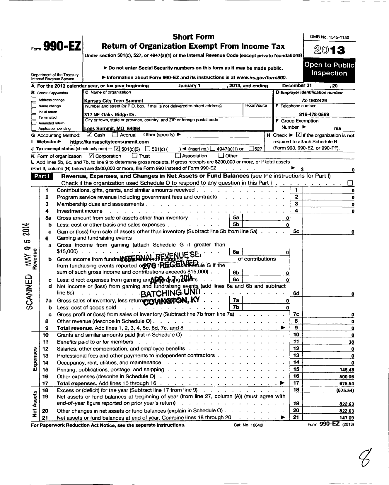 Image of first page of 2013 Form 990EZ for Kansas City Teen Summit (KCTS)