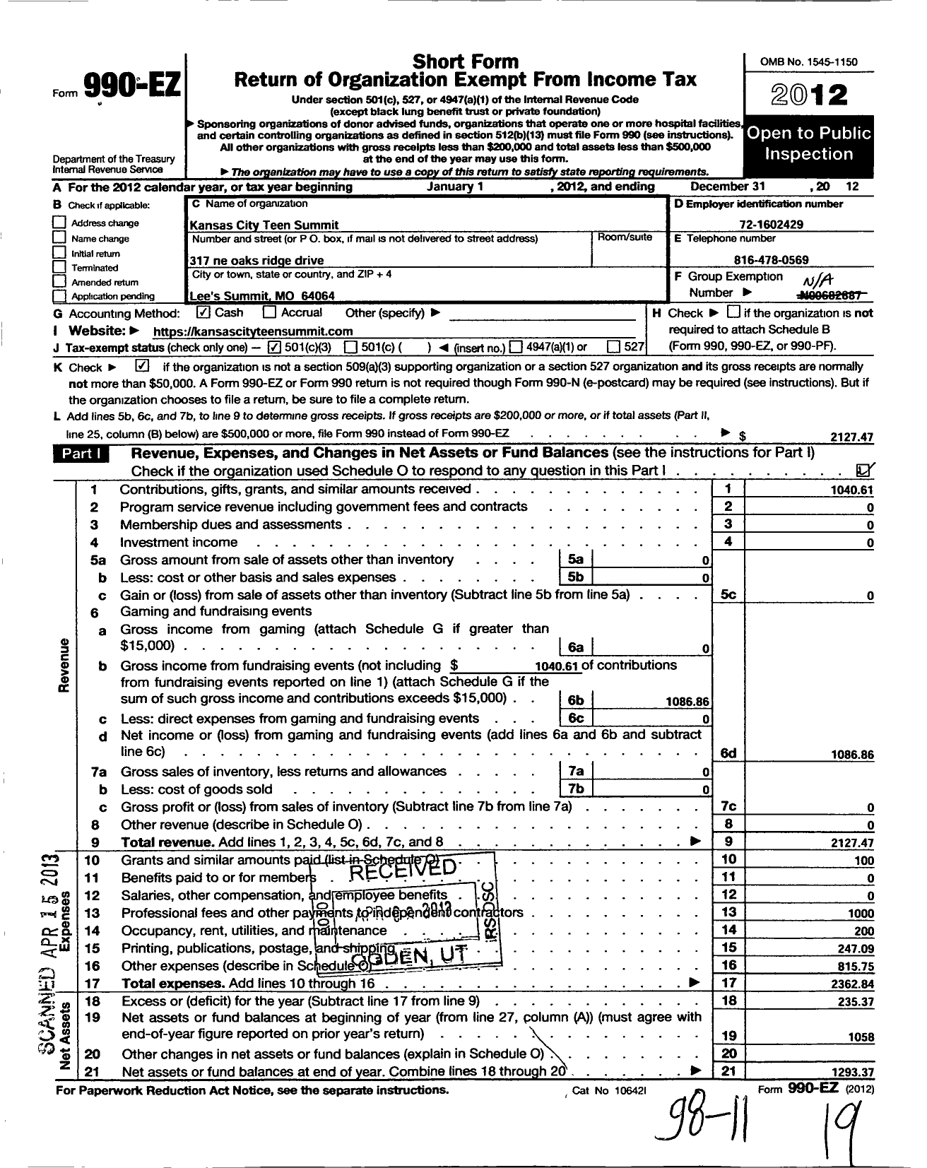 Image of first page of 2012 Form 990EZ for Kansas City Teen Summit (KCTS)