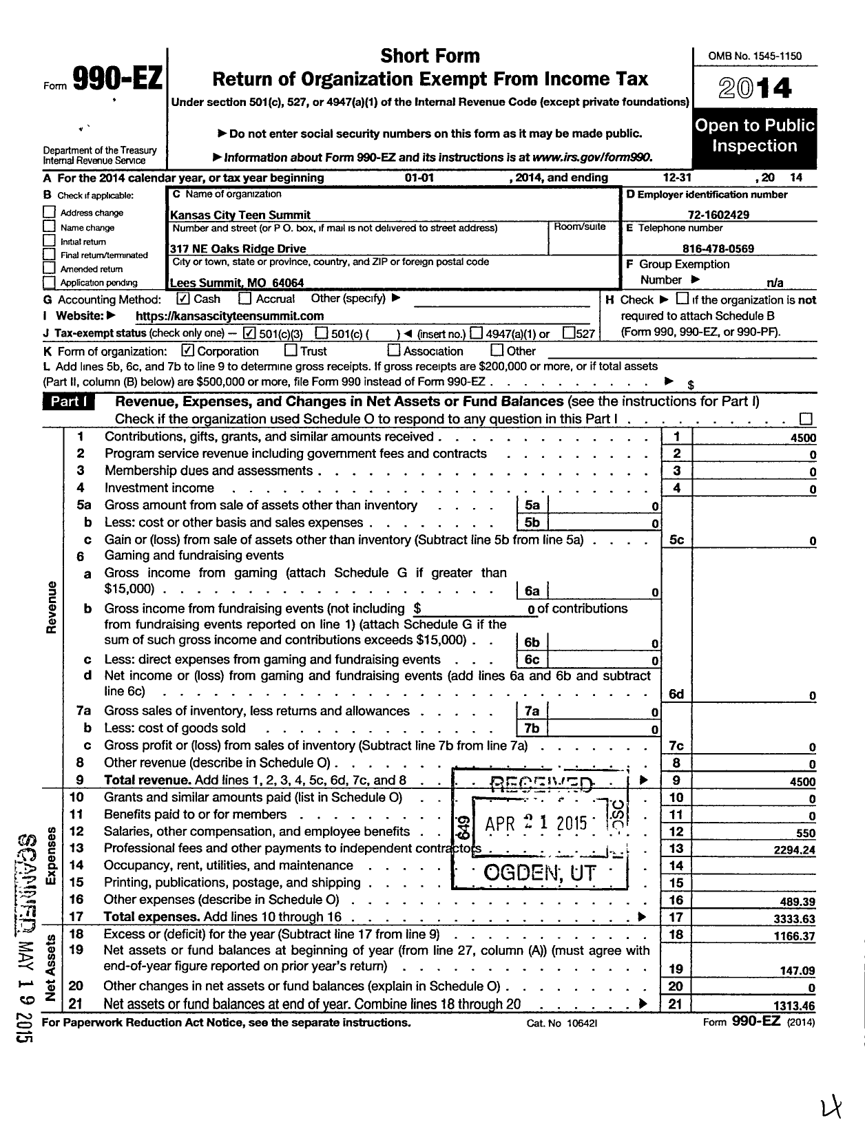 Image of first page of 2014 Form 990EZ for Kansas City Teen Summit (KCTS)