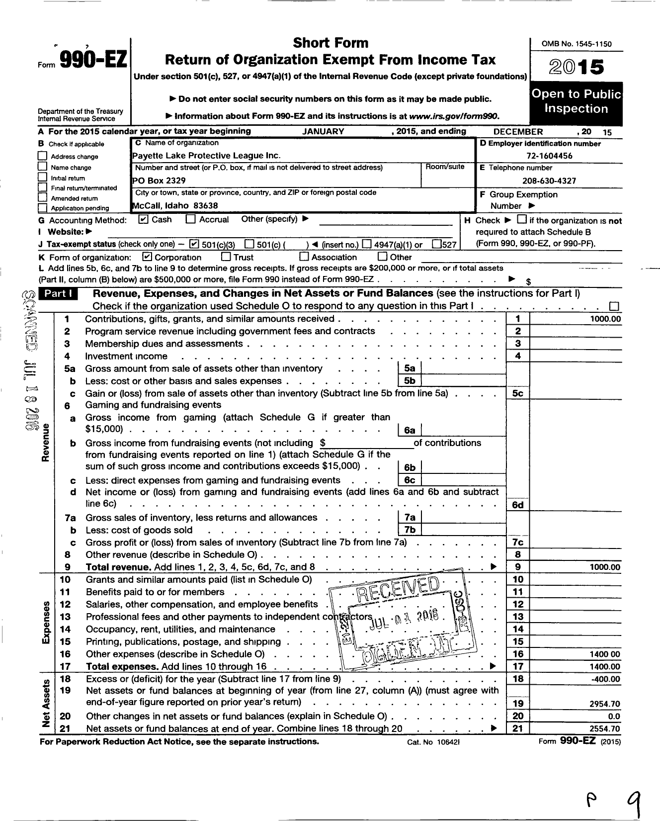 Image of first page of 2015 Form 990EZ for Payette Lake Protective League