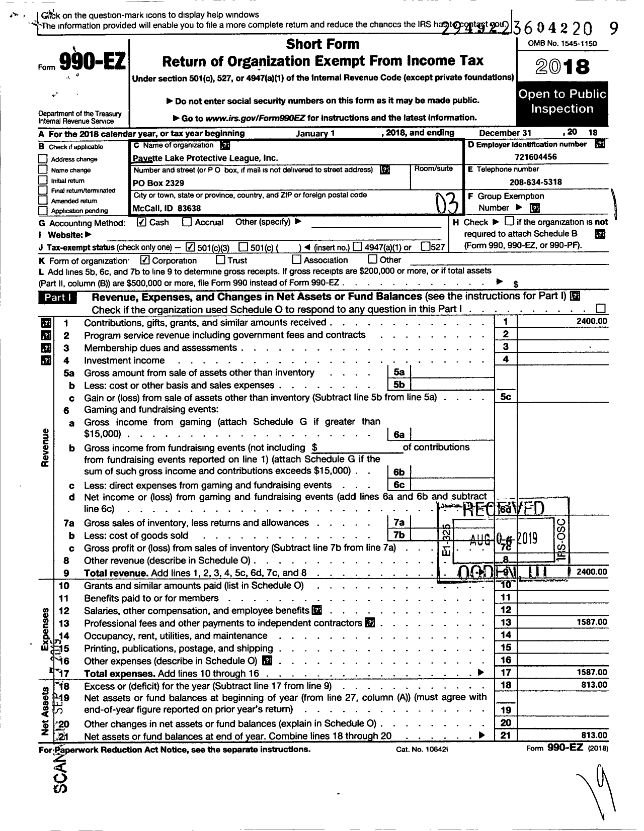 Image of first page of 2018 Form 990EZ for Payette Lake Protective League