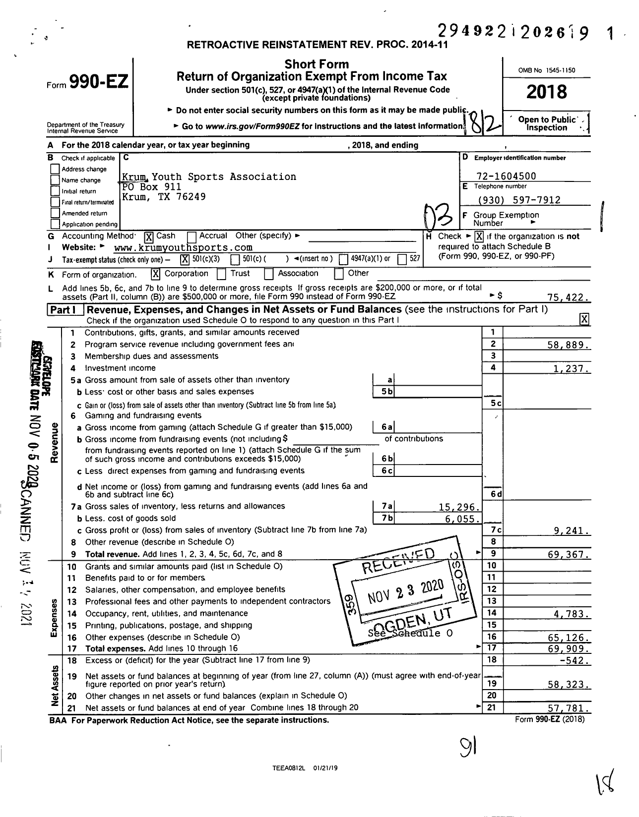 Image of first page of 2018 Form 990EZ for Krum Youth Sports Association