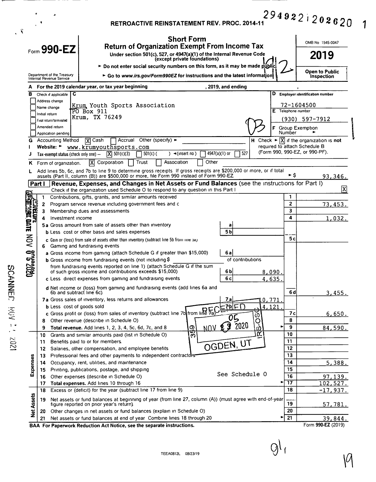 Image of first page of 2019 Form 990EZ for Krum Youth Sports Association