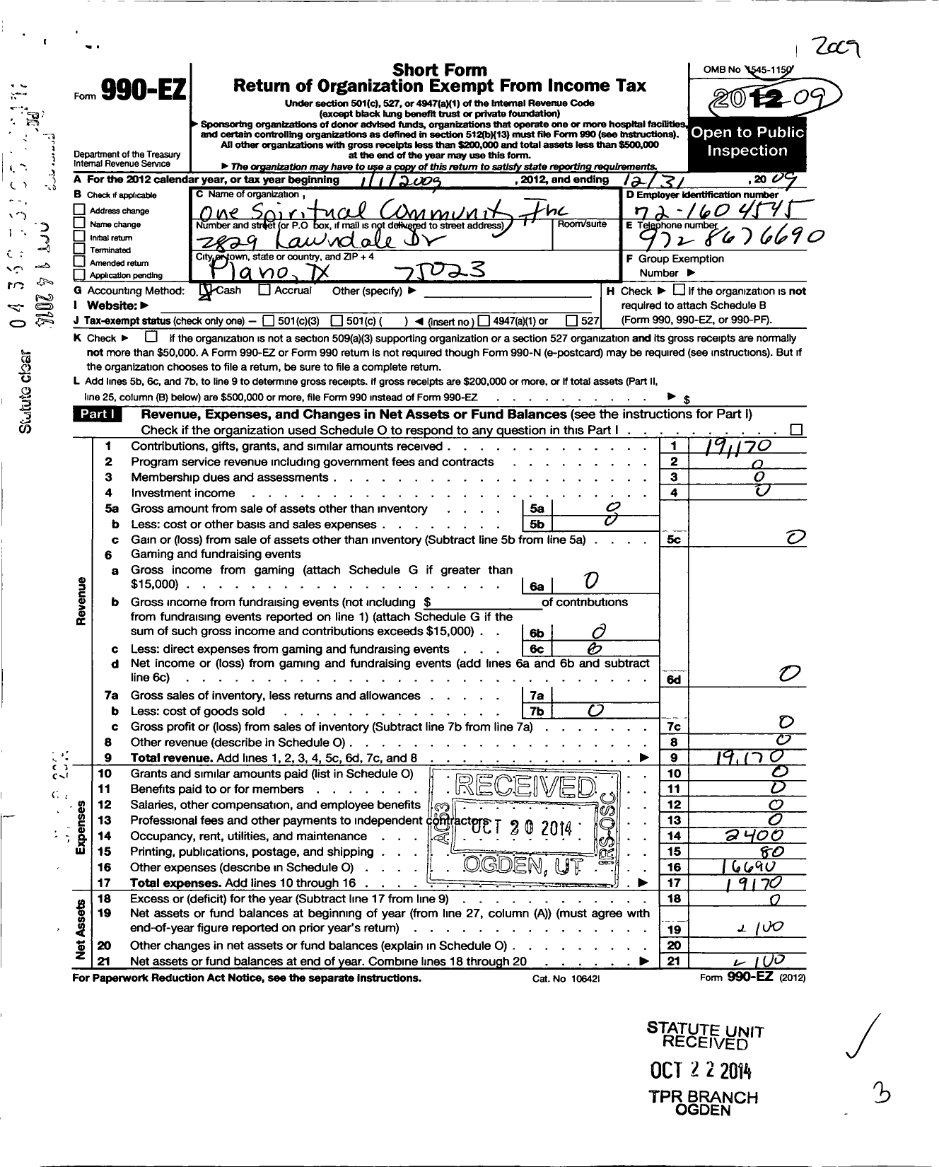 Image of first page of 2009 Form 990EO for One Spiritual Community