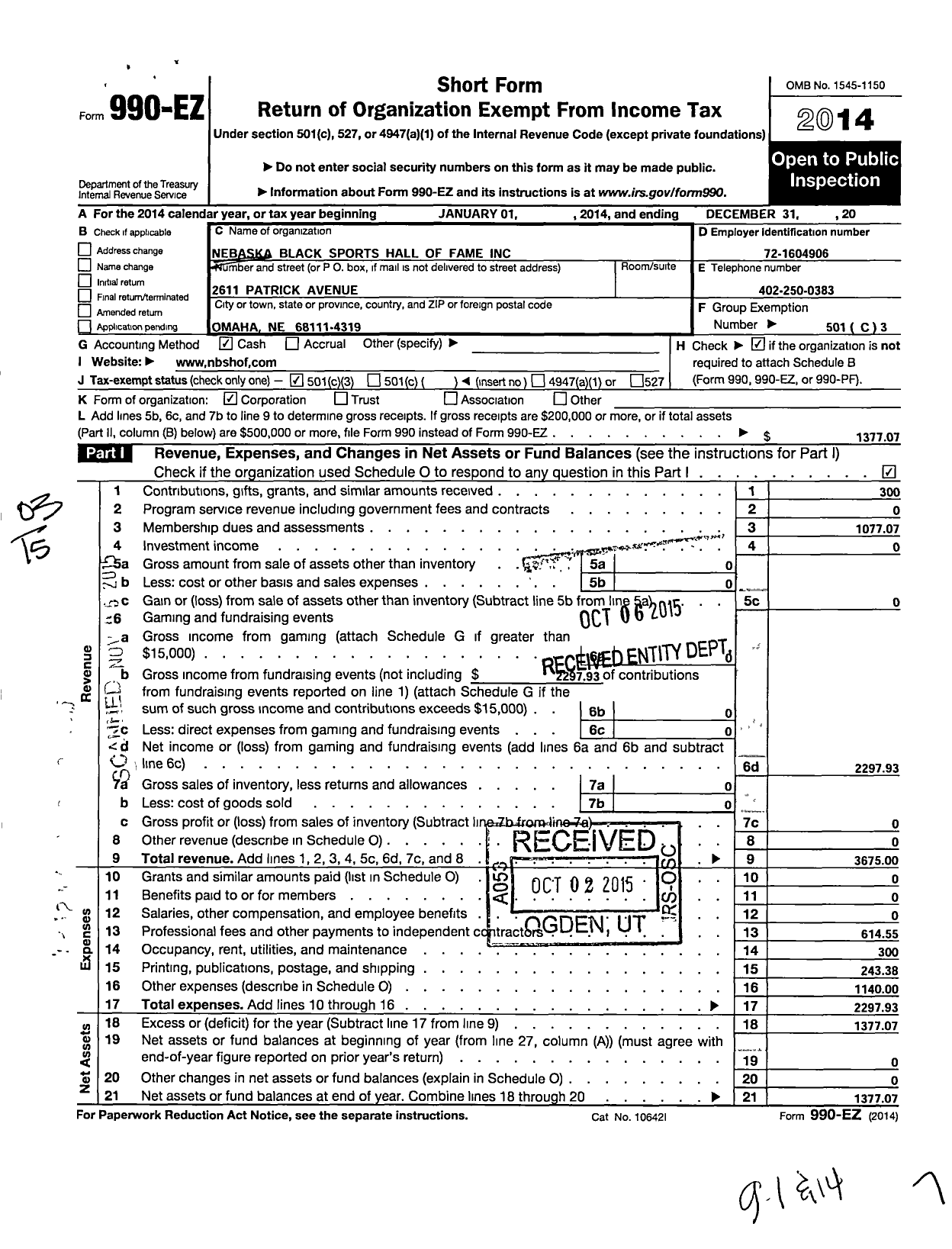 Image of first page of 2014 Form 990EZ for Nebraska Black Sports Hall of Fame