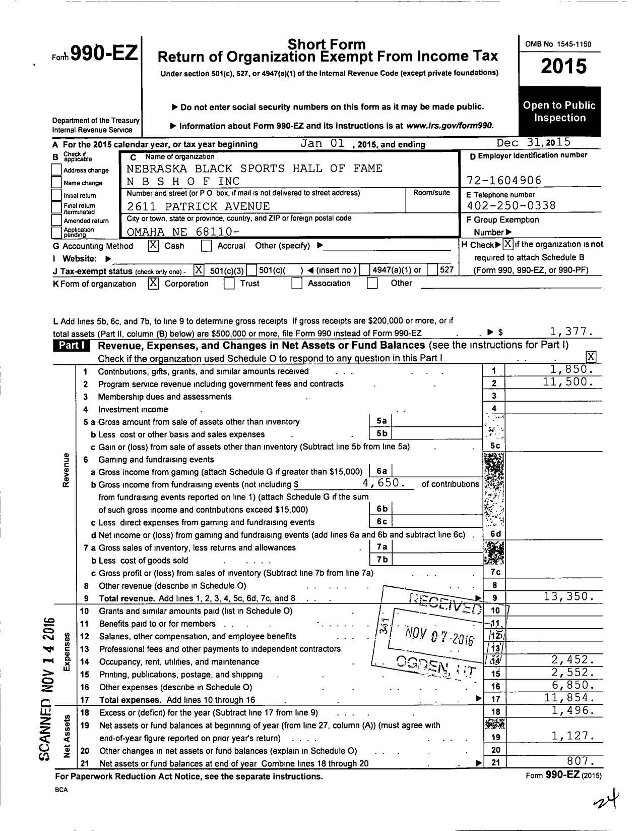 Image of first page of 2015 Form 990EZ for Nebraska Black Sports Hall of Fame