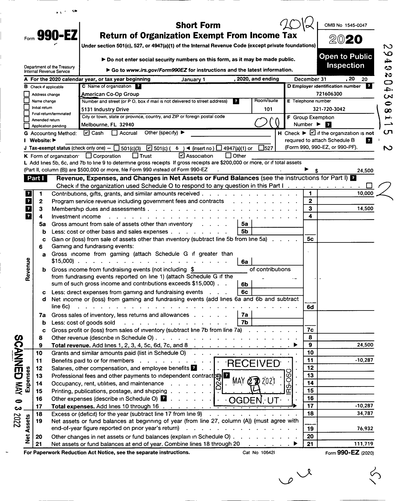 Image of first page of 2020 Form 990EO for American CO-OP Group