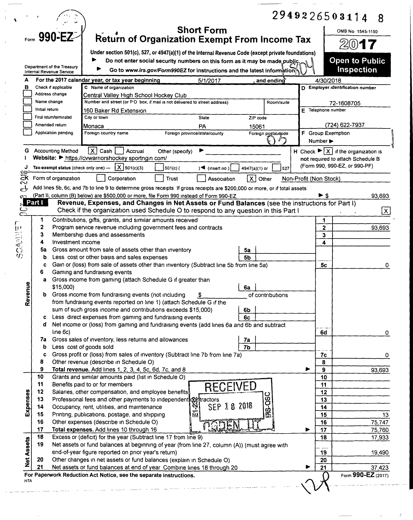 Image of first page of 2017 Form 990EZ for Central Valley High School Hockey Club