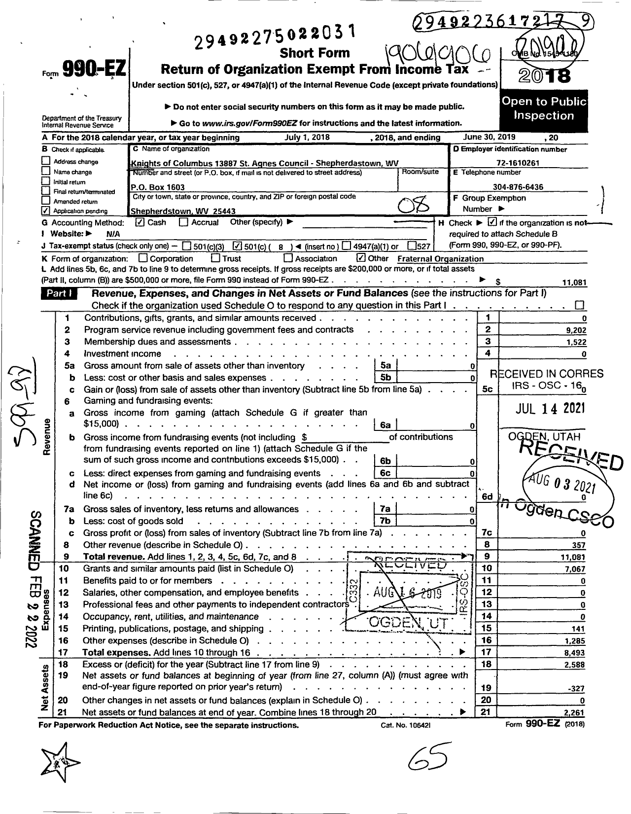 Image of first page of 2018 Form 990EO for Knights of Columbus 13887 St Agnes Shepherdstown Council