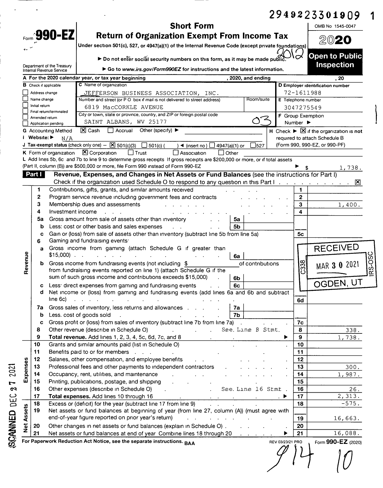 Image of first page of 2020 Form 990EZ for Jefferson Business Association
