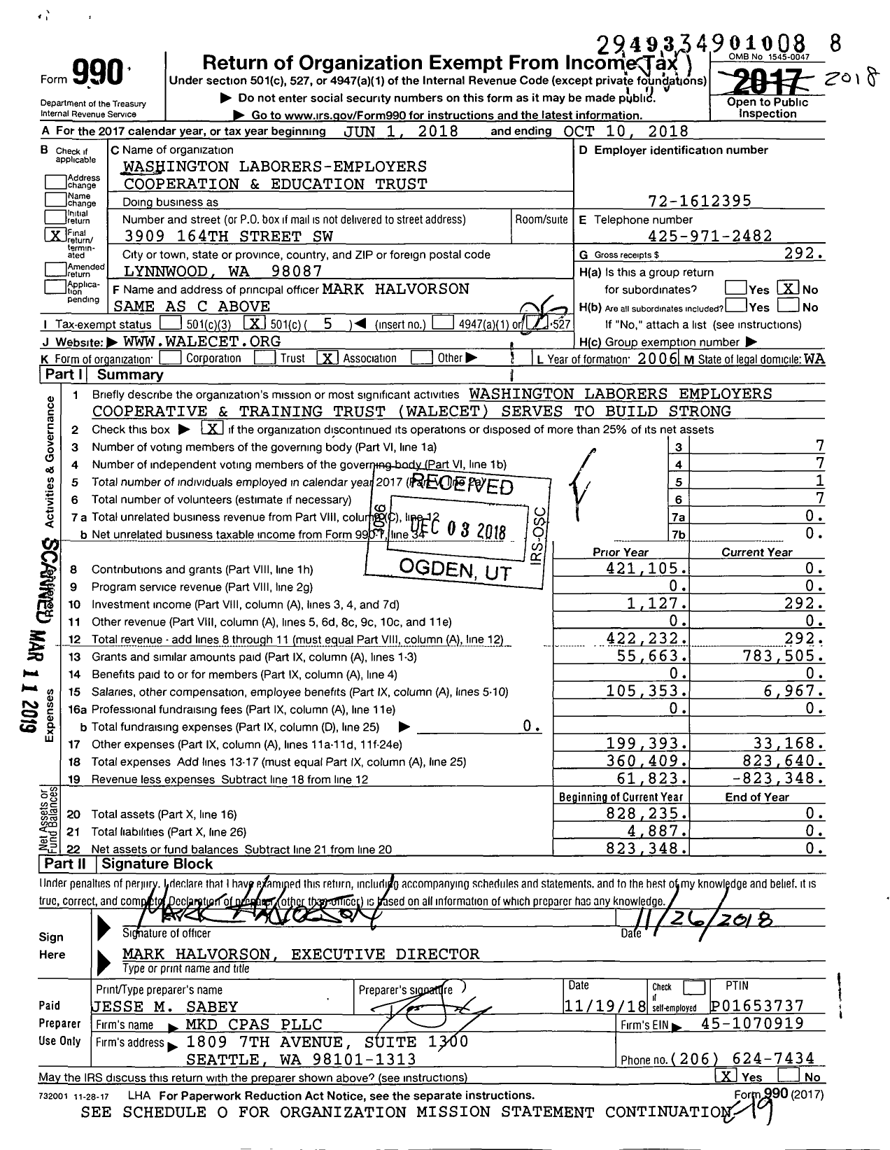 Image of first page of 2017 Form 990O for Washington Laborers-Employers Cooperation and Education Trust