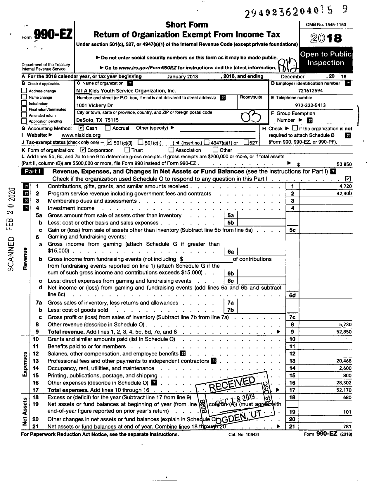 Image of first page of 2018 Form 990EZ for N I A Kids Youth Service Organization