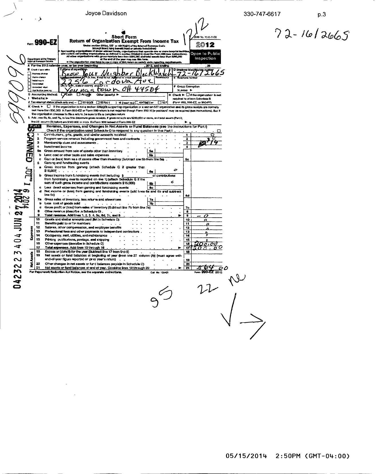 Image of first page of 2012 Form 990EO for Know Your Neighbor Block Watch