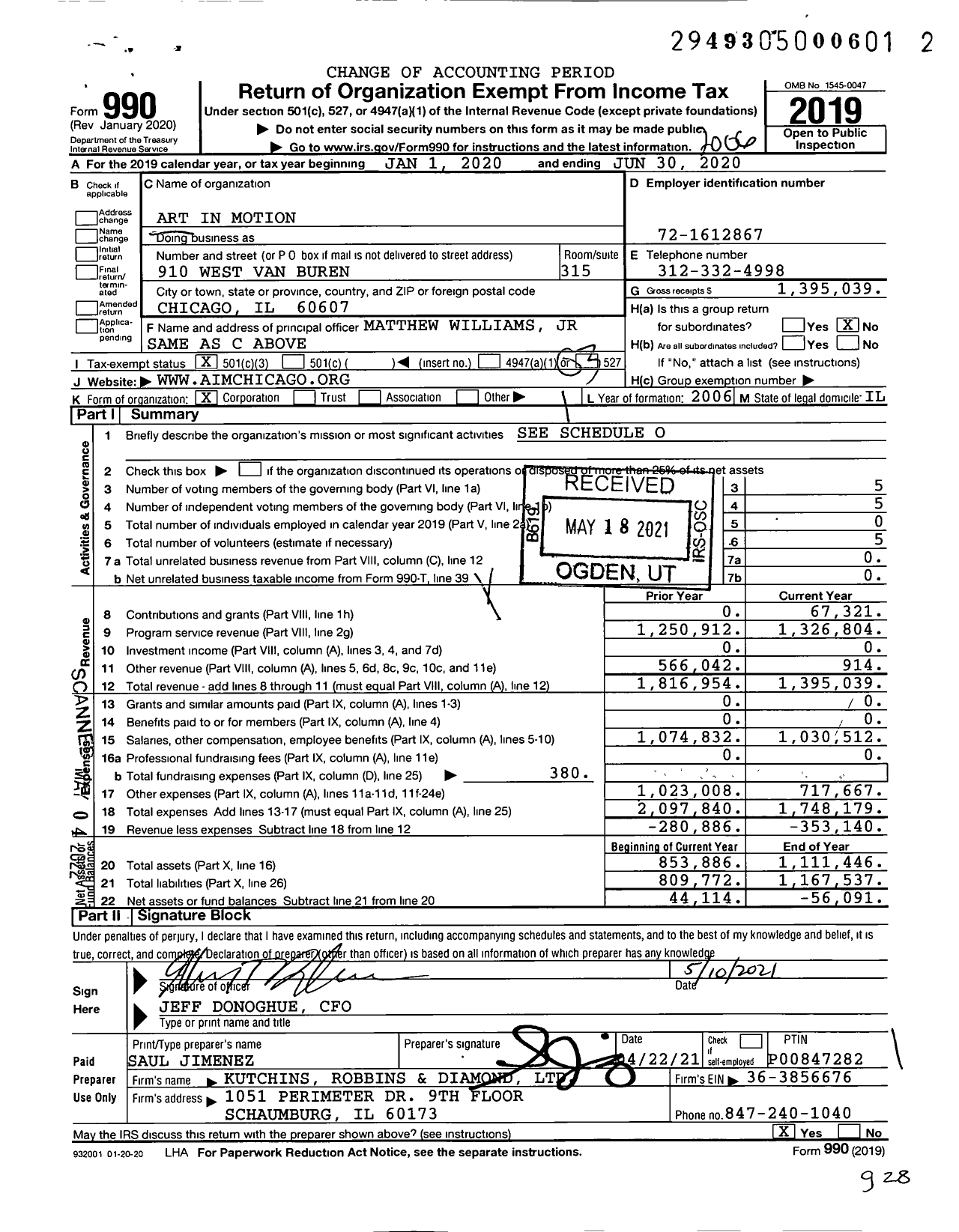 Image of first page of 2019 Form 990 for Art in Motion