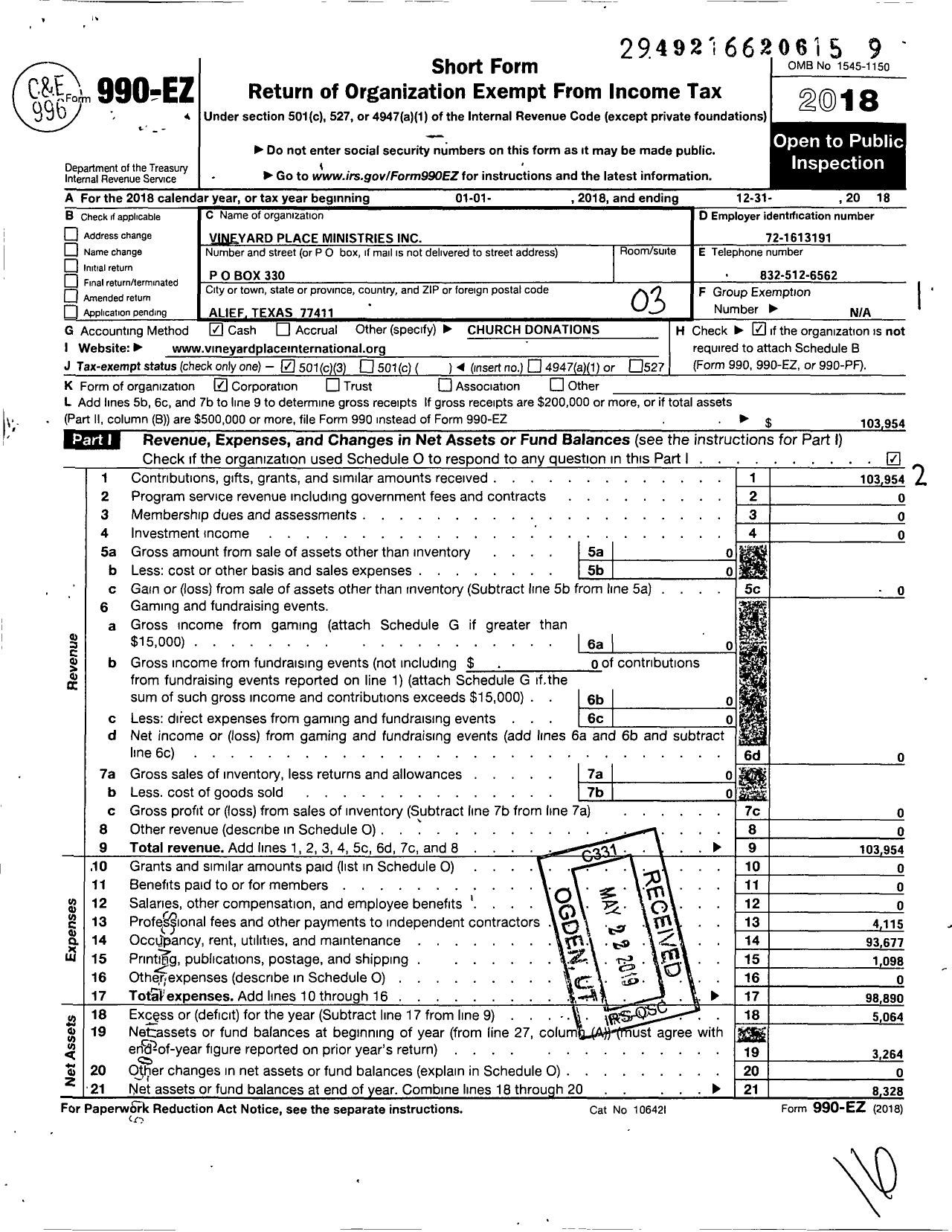 Image of first page of 2018 Form 990EZ for Vineyard Place Ministries