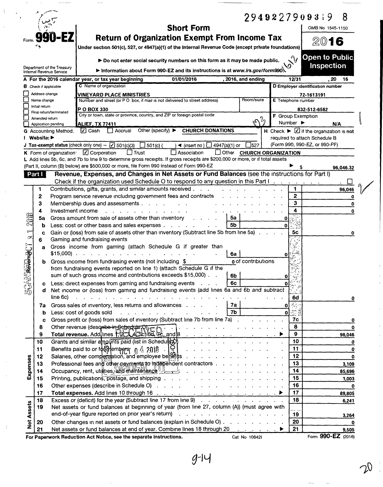 Image of first page of 2016 Form 990EZ for Vineyard Place Ministries