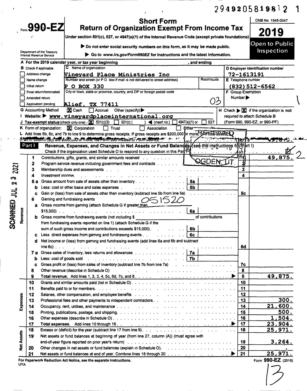 Image of first page of 2019 Form 990EZ for Vineyard Place Ministries