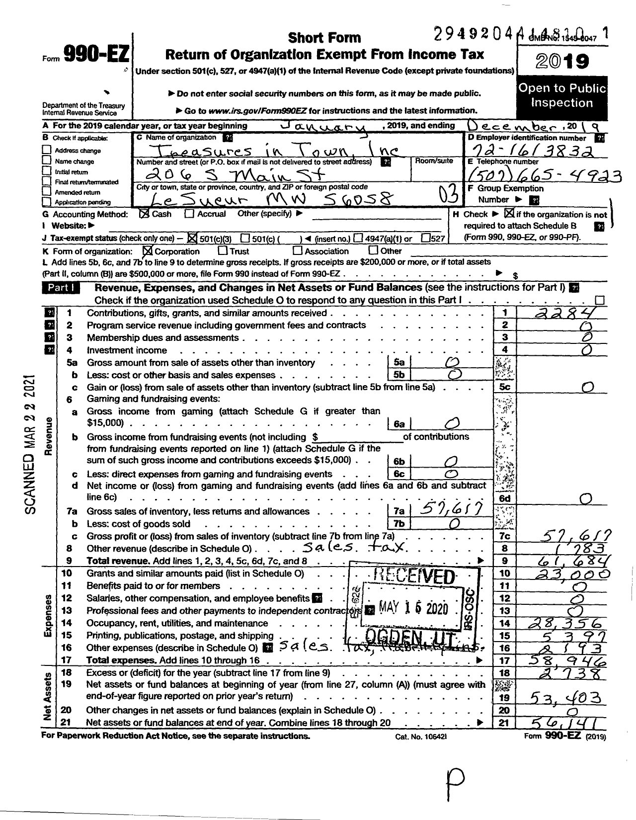 Image of first page of 2019 Form 990EZ for Treasures in Town