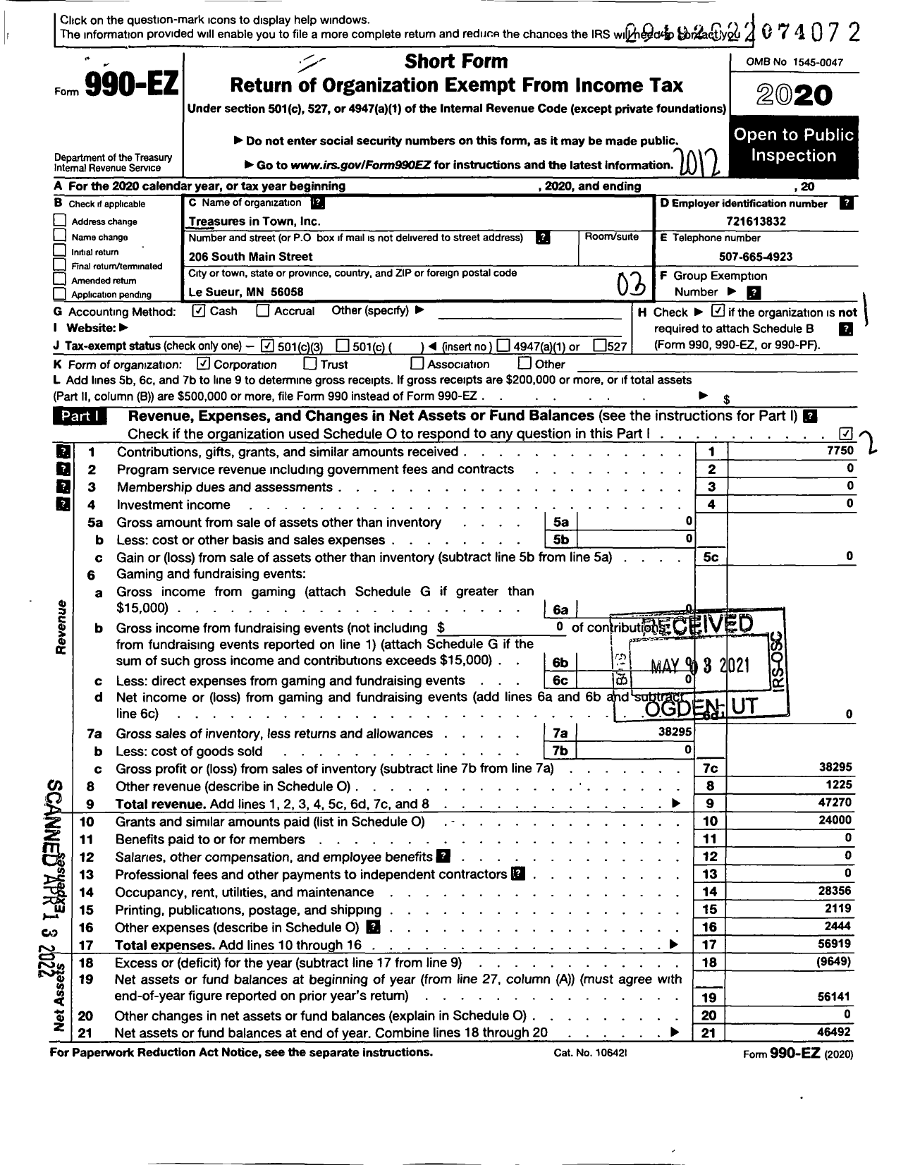 Image of first page of 2020 Form 990EZ for Treasures in Town