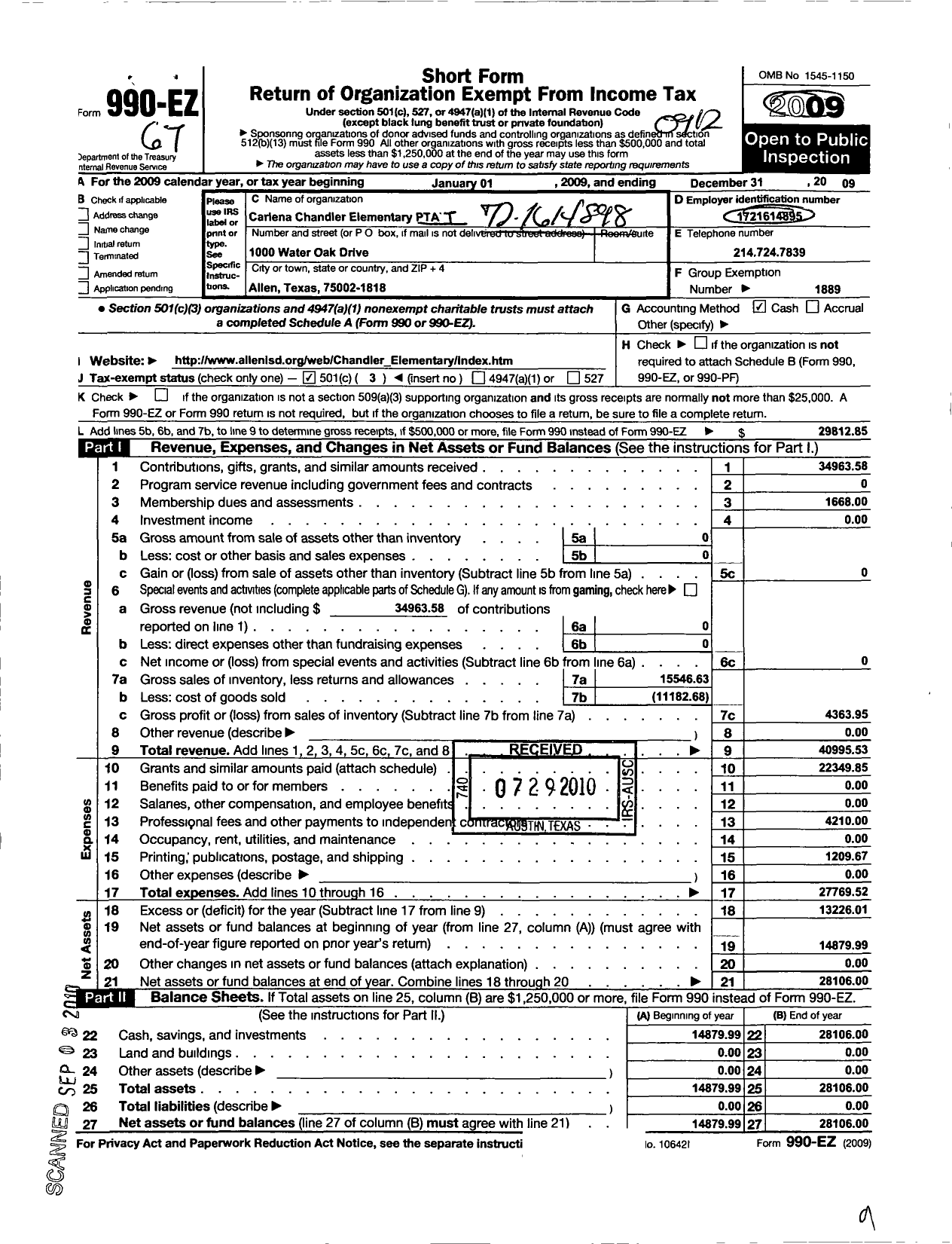 Image of first page of 2009 Form 990EZ for Texas PTA - 11625 Carlena Chandler Elementary