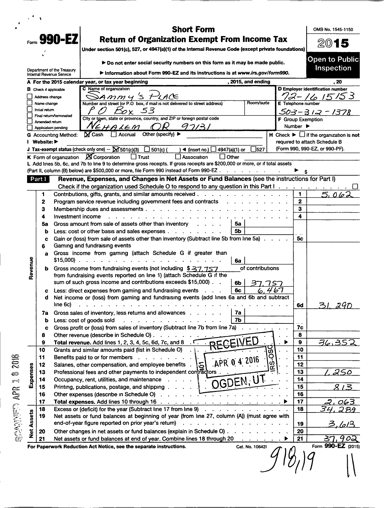 Image of first page of 2015 Form 990EZ for Sammys Place