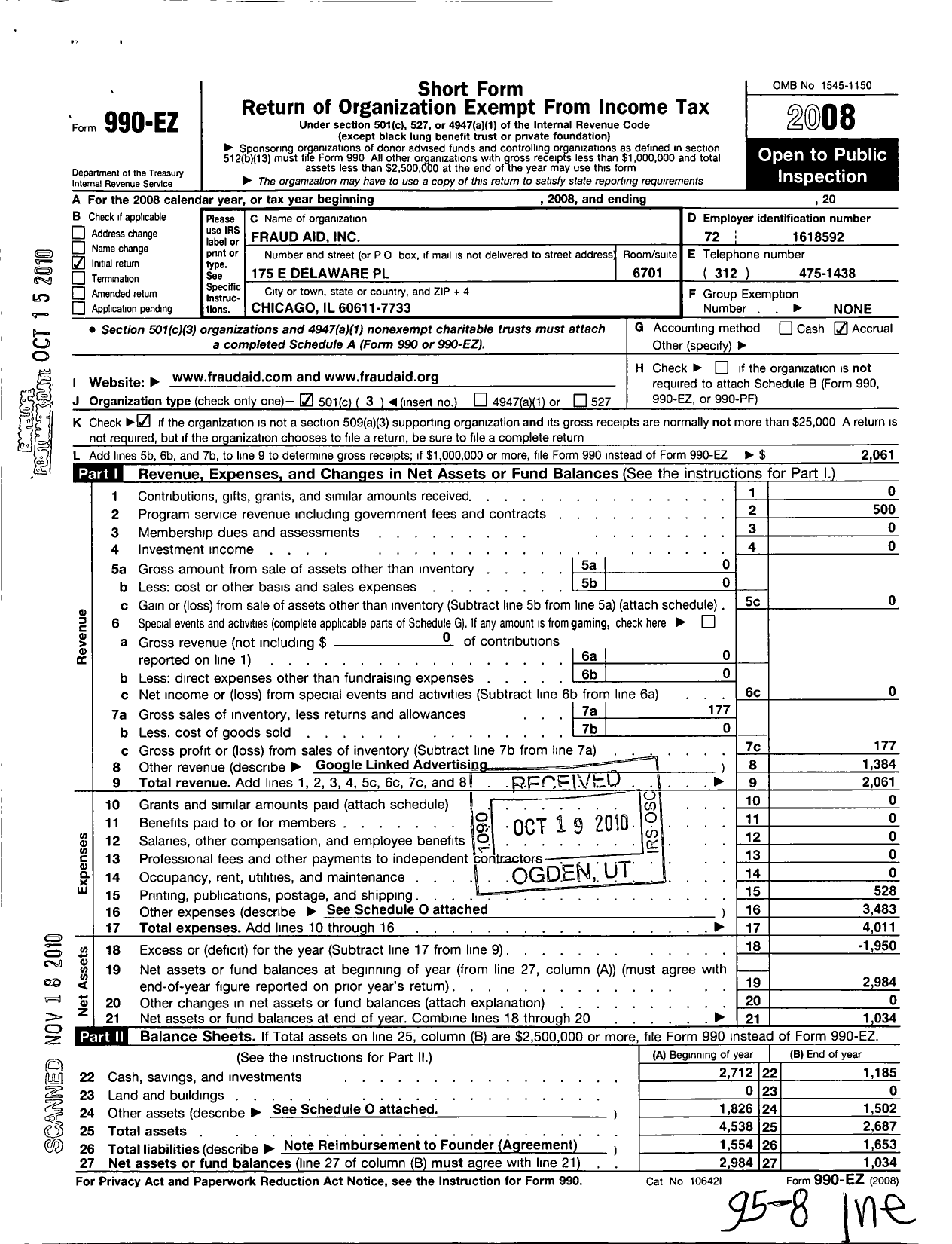 Image of first page of 2008 Form 990EZ for Fraud Aid