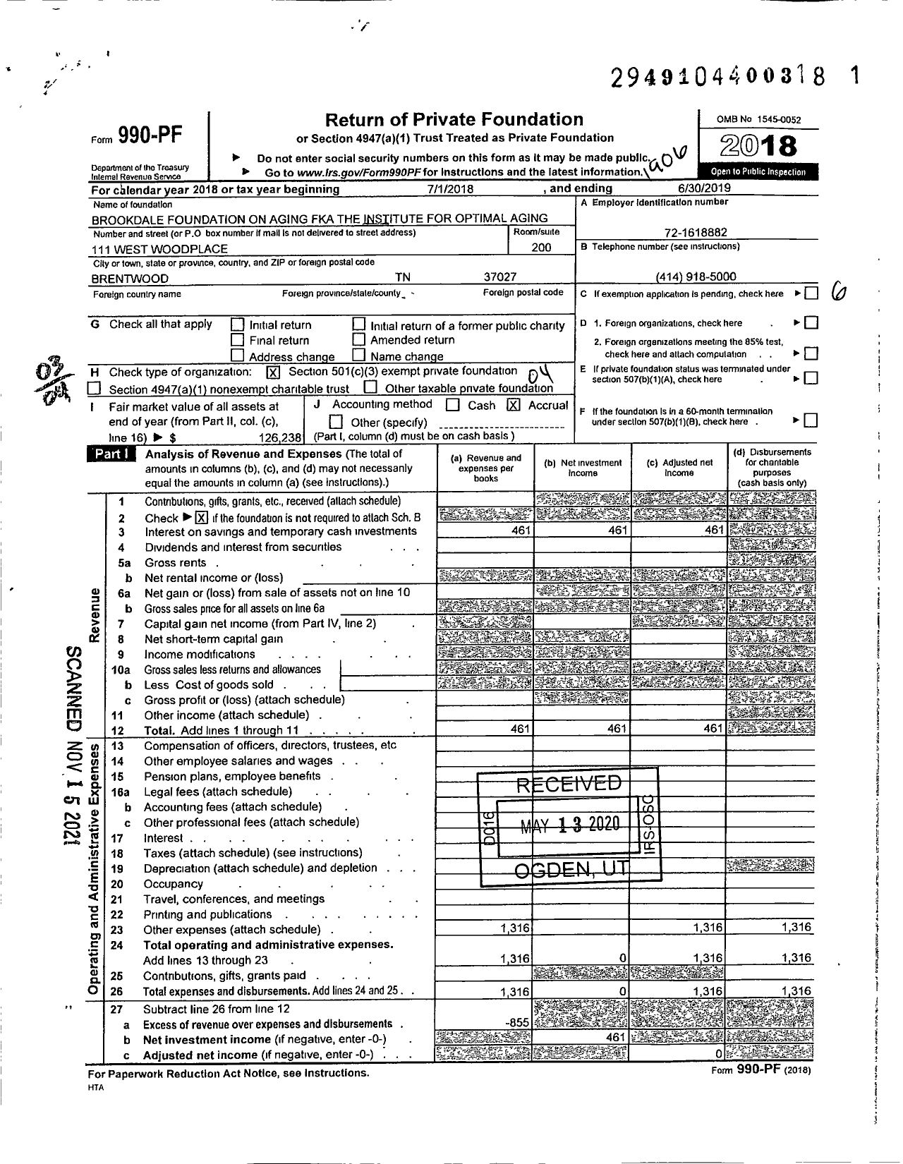 Image of first page of 2018 Form 990PF for The Institute for Optimal Aging