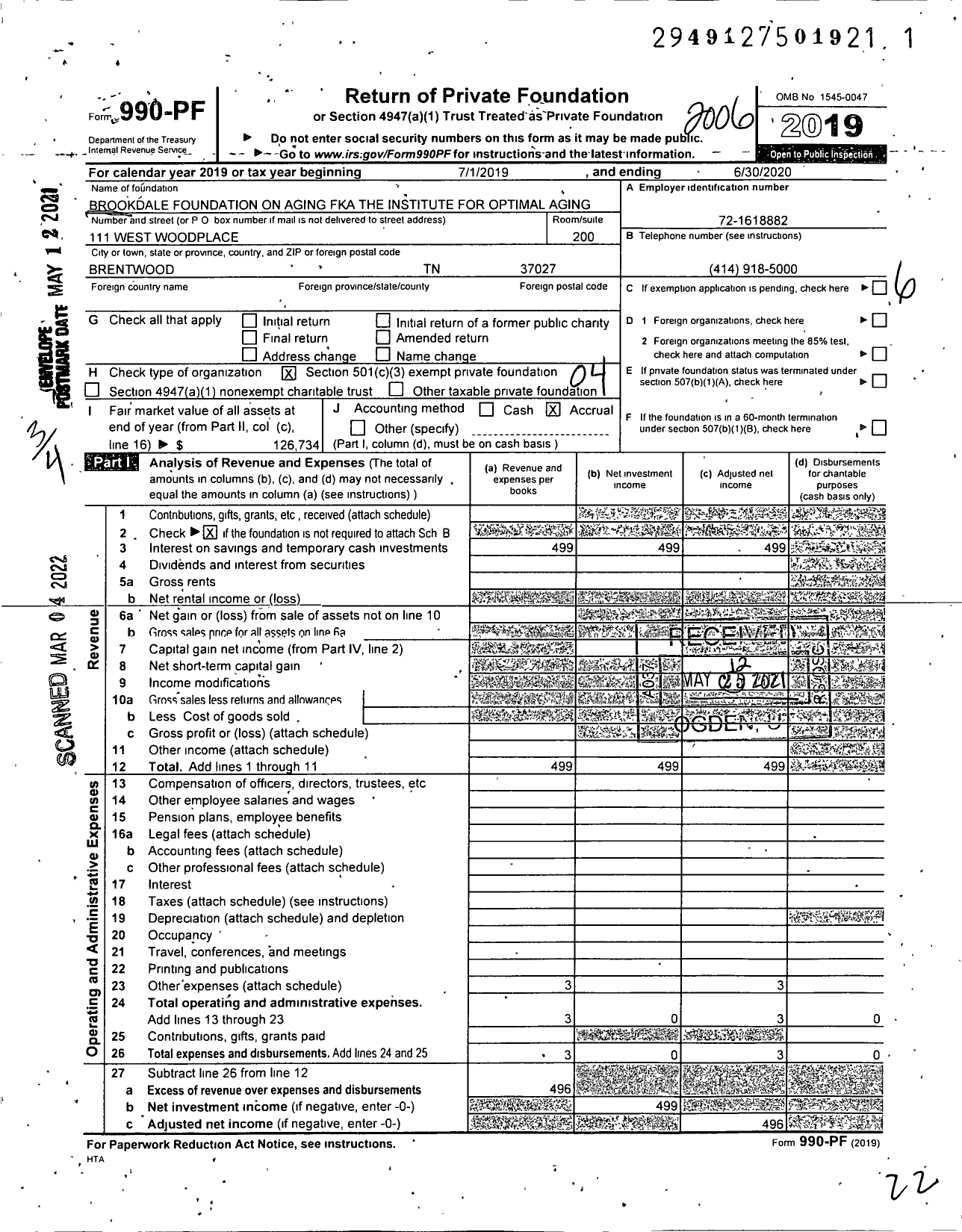 Image of first page of 2019 Form 990PF for The Institute for Optimal Aging