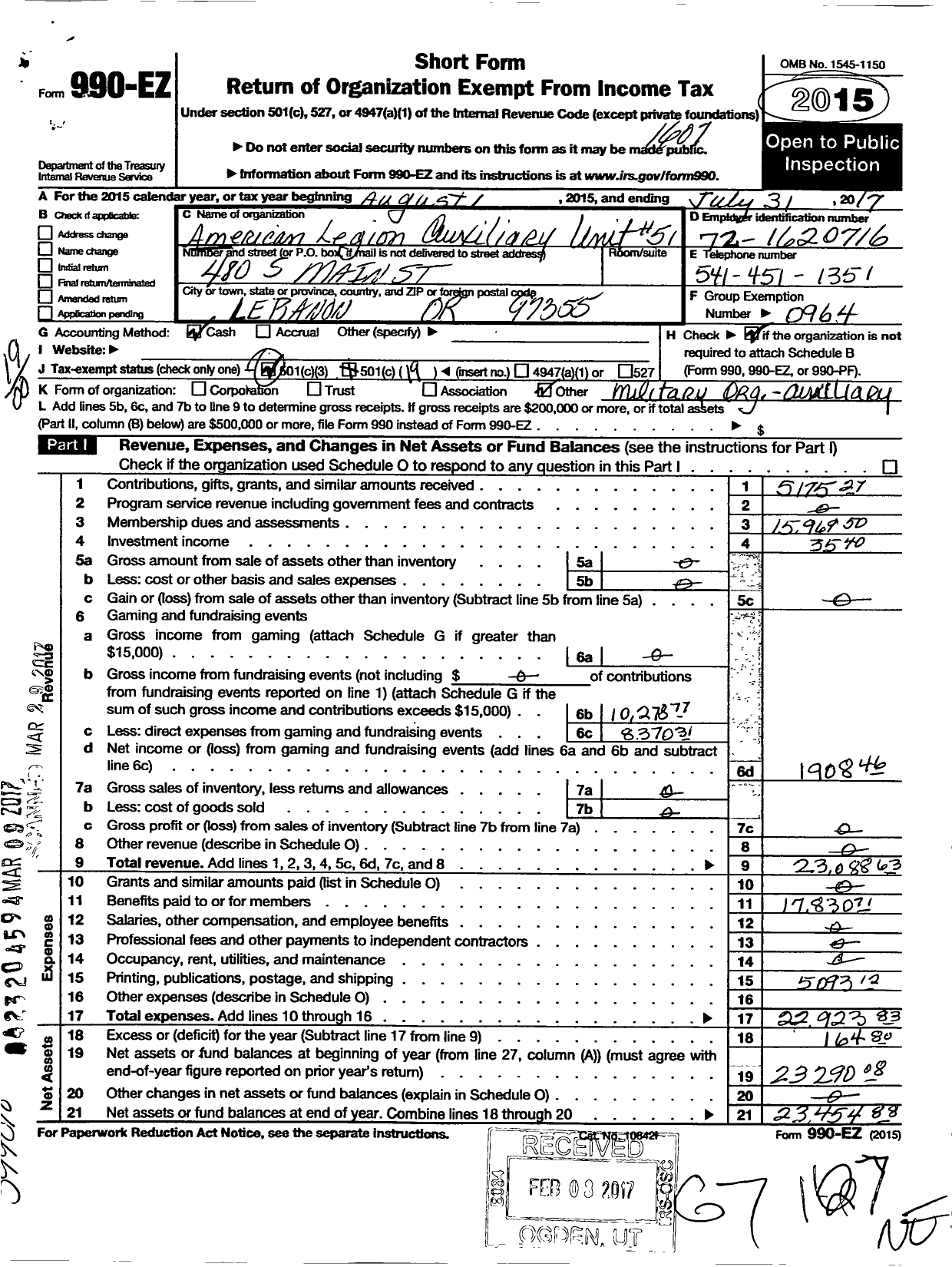 Image of first page of 2015 Form 990EO for American Legion Auxiliary - 51 Santiam