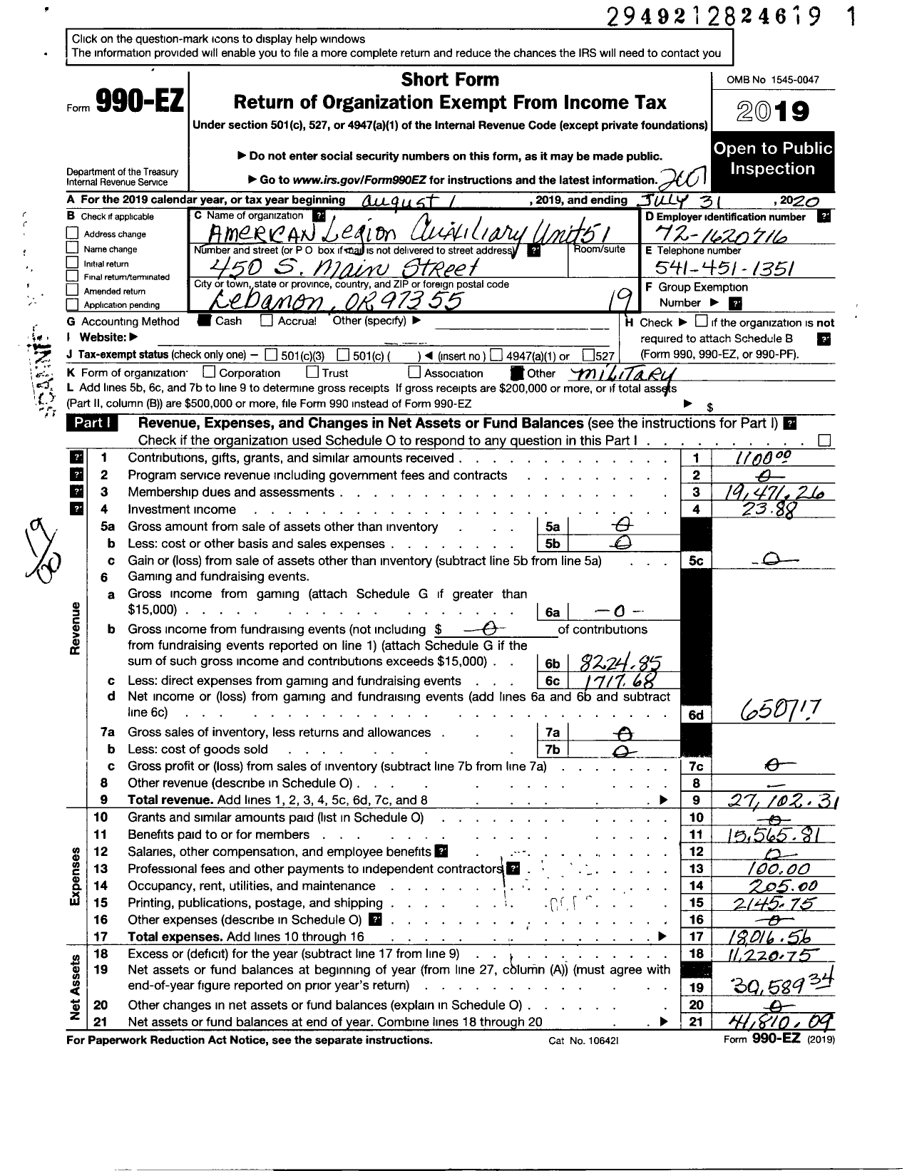 Image of first page of 2019 Form 990EO for American Legion Auxiliary - 51 Santiam