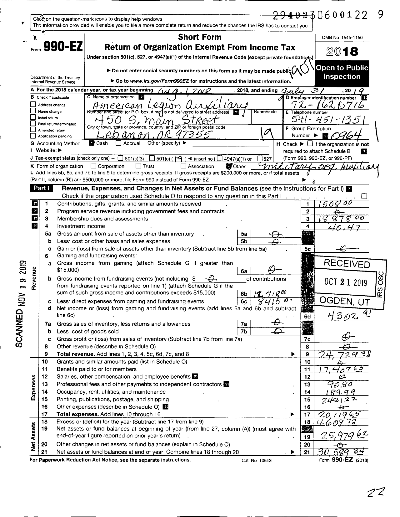 Image of first page of 2018 Form 990EO for American Legion Auxiliary - 51 Santiam
