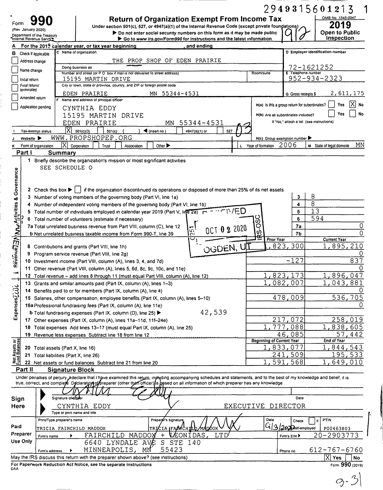 Image of first page of 2019 Form 990 for The Prop Shop of Eden Prairie