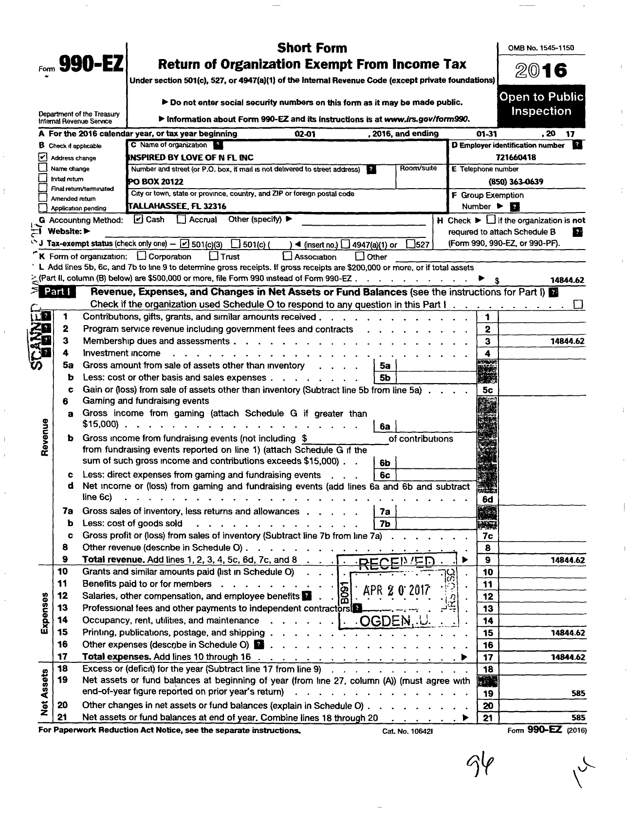 Image of first page of 2016 Form 990EZ for Inspired By Love of N FL