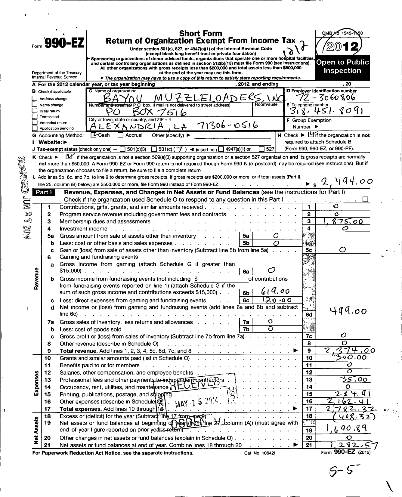 Image of first page of 2012 Form 990EO for Bayou Muzzleloaders