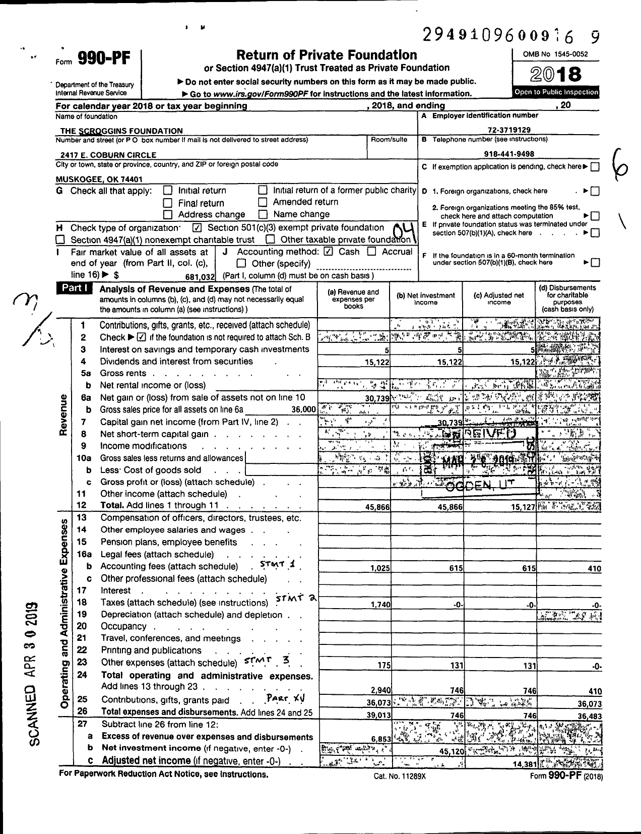 Image of first page of 2018 Form 990PF for Scroggins Foundation
