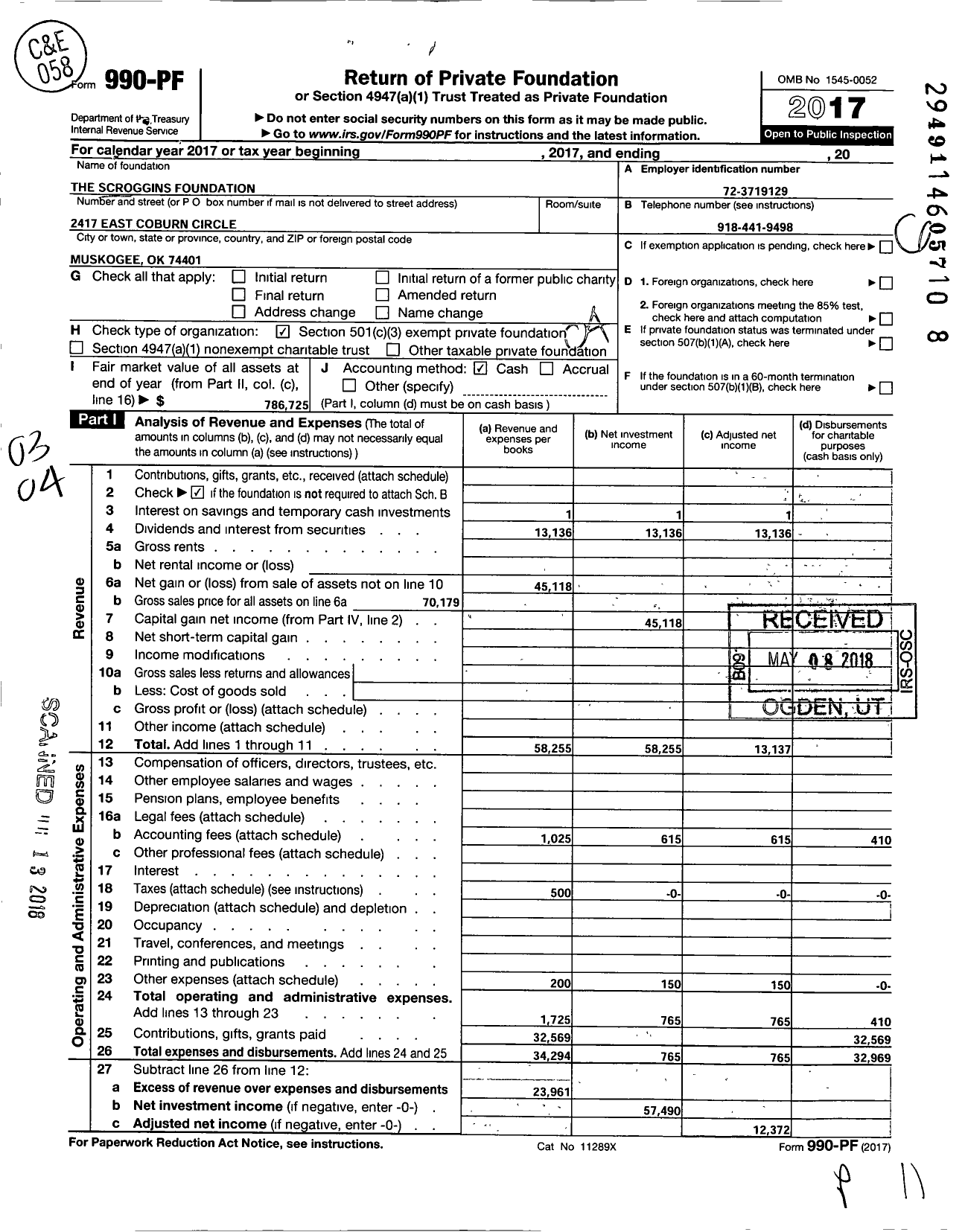 Image of first page of 2017 Form 990PF for Scroggins Foundation