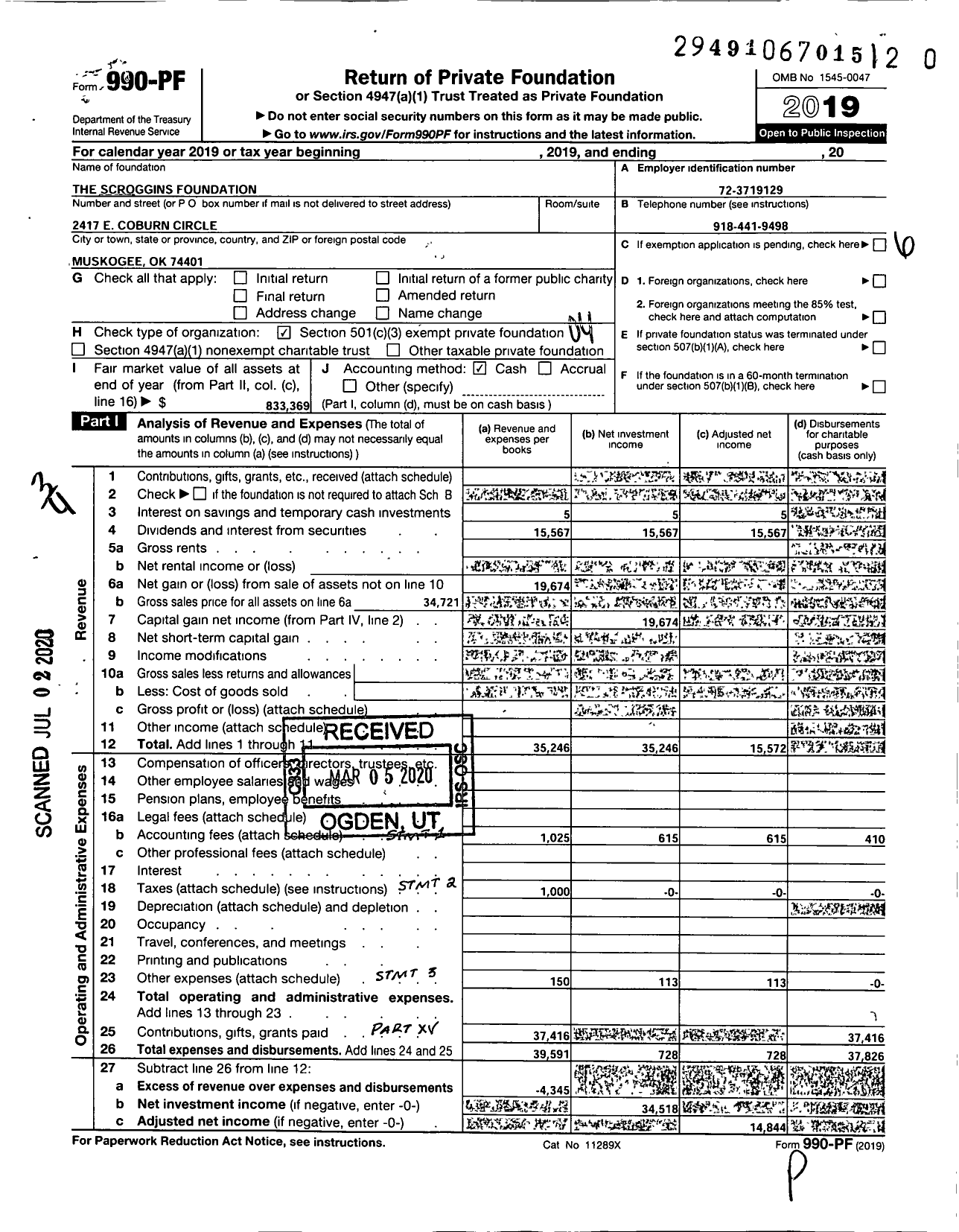 Image of first page of 2019 Form 990PR for Scroggins Foundation