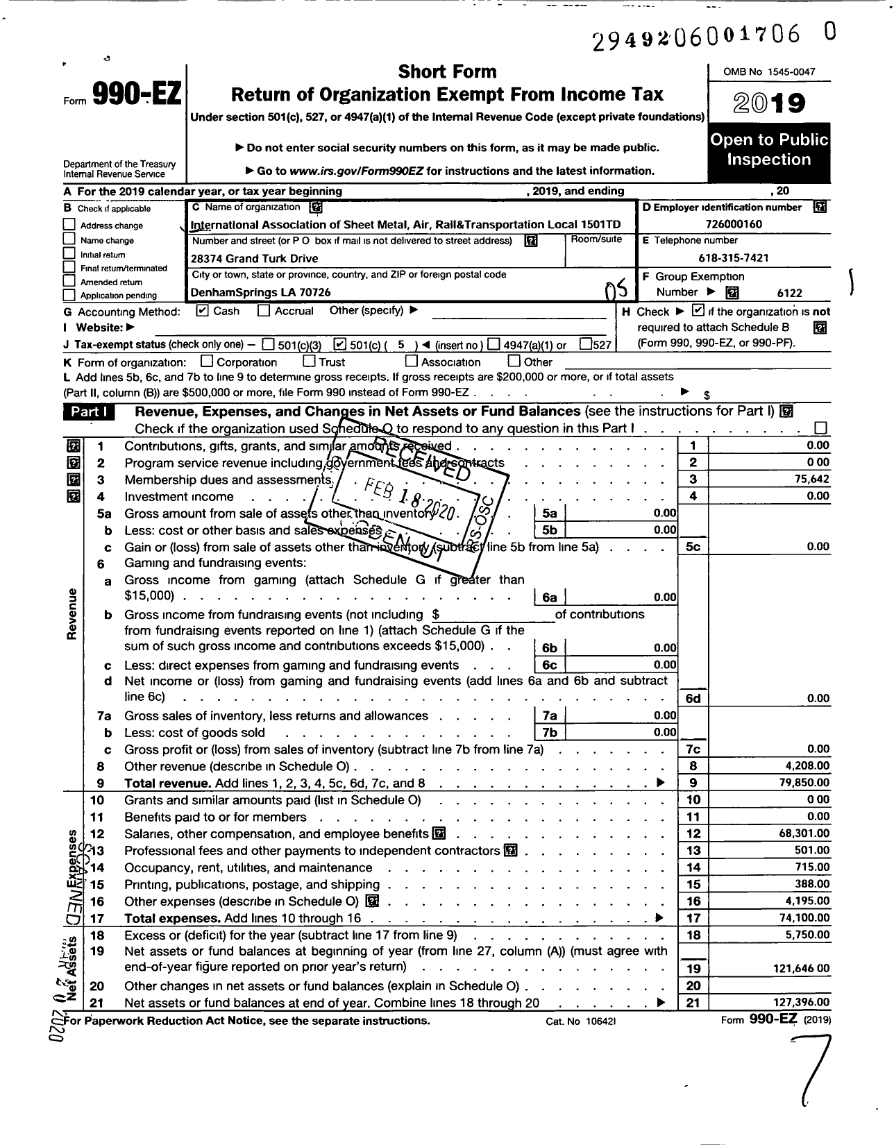 Image of first page of 2019 Form 990EO for Smart Union - 1501 TD