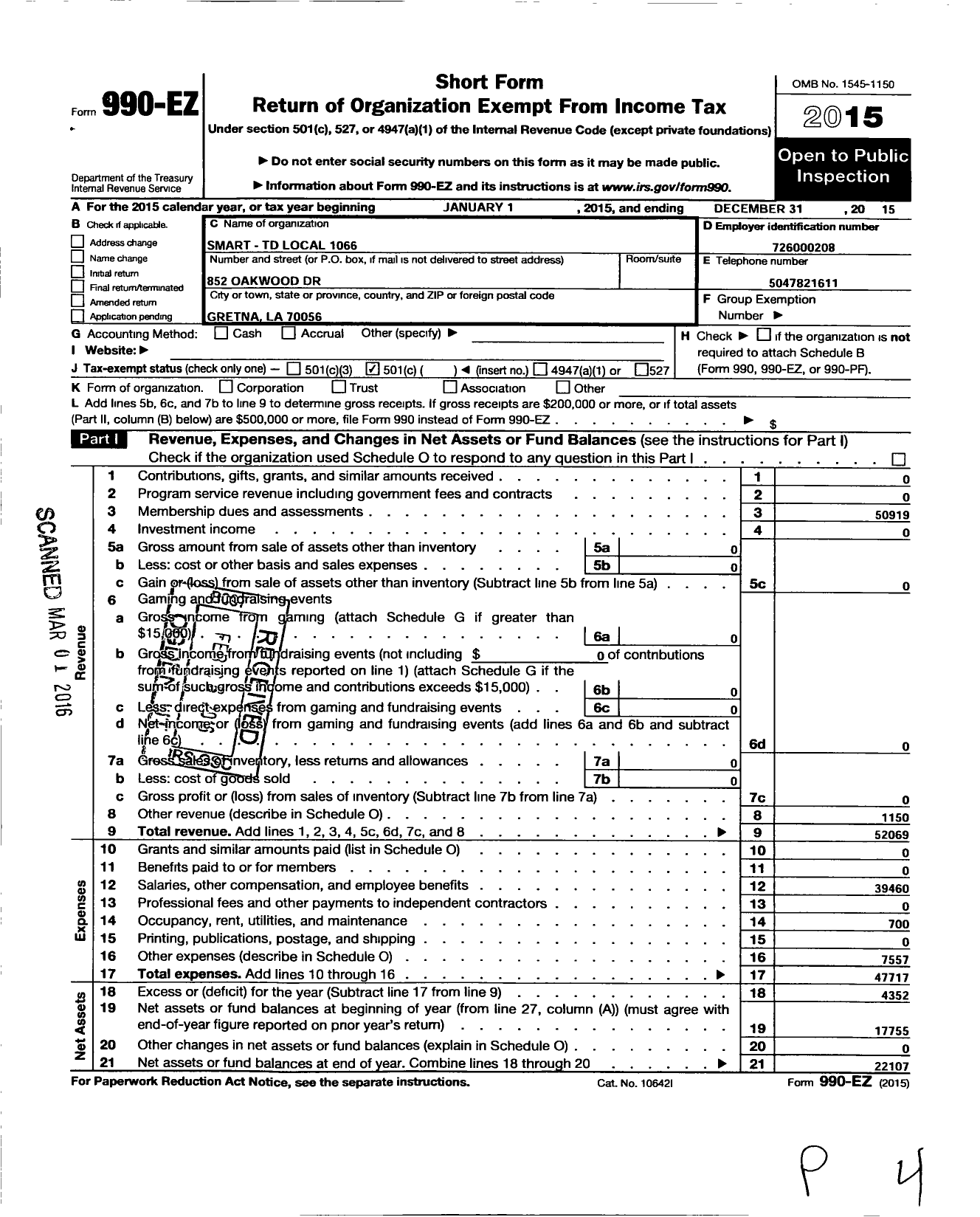 Image of first page of 2015 Form 990EO for Smart Union - 1066 TD