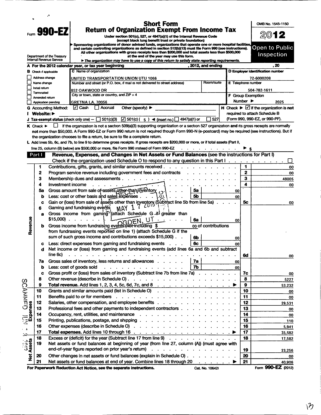 Image of first page of 2012 Form 990EO for Smart Union - 1066 TD