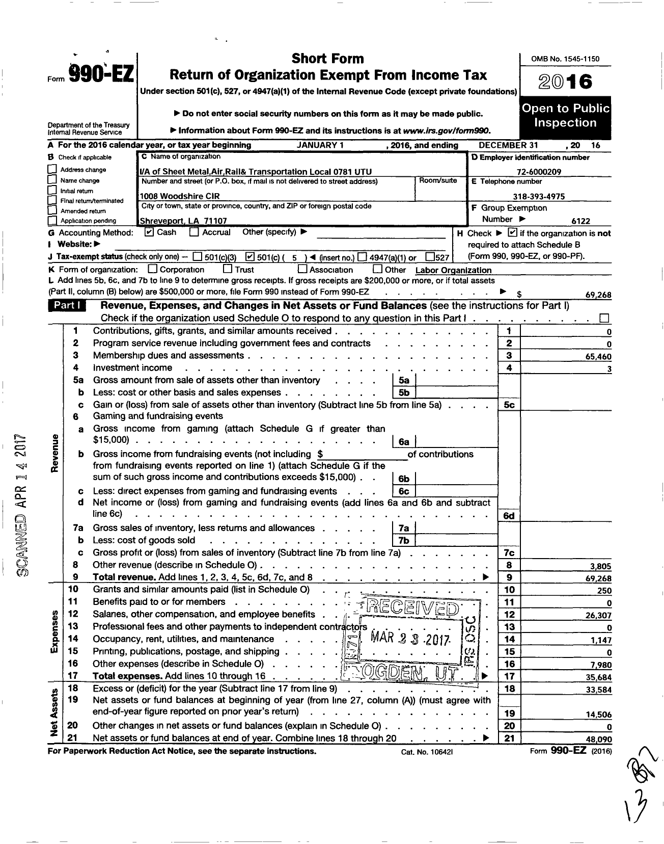 Image of first page of 2016 Form 990EO for Smart Union - 781 TD