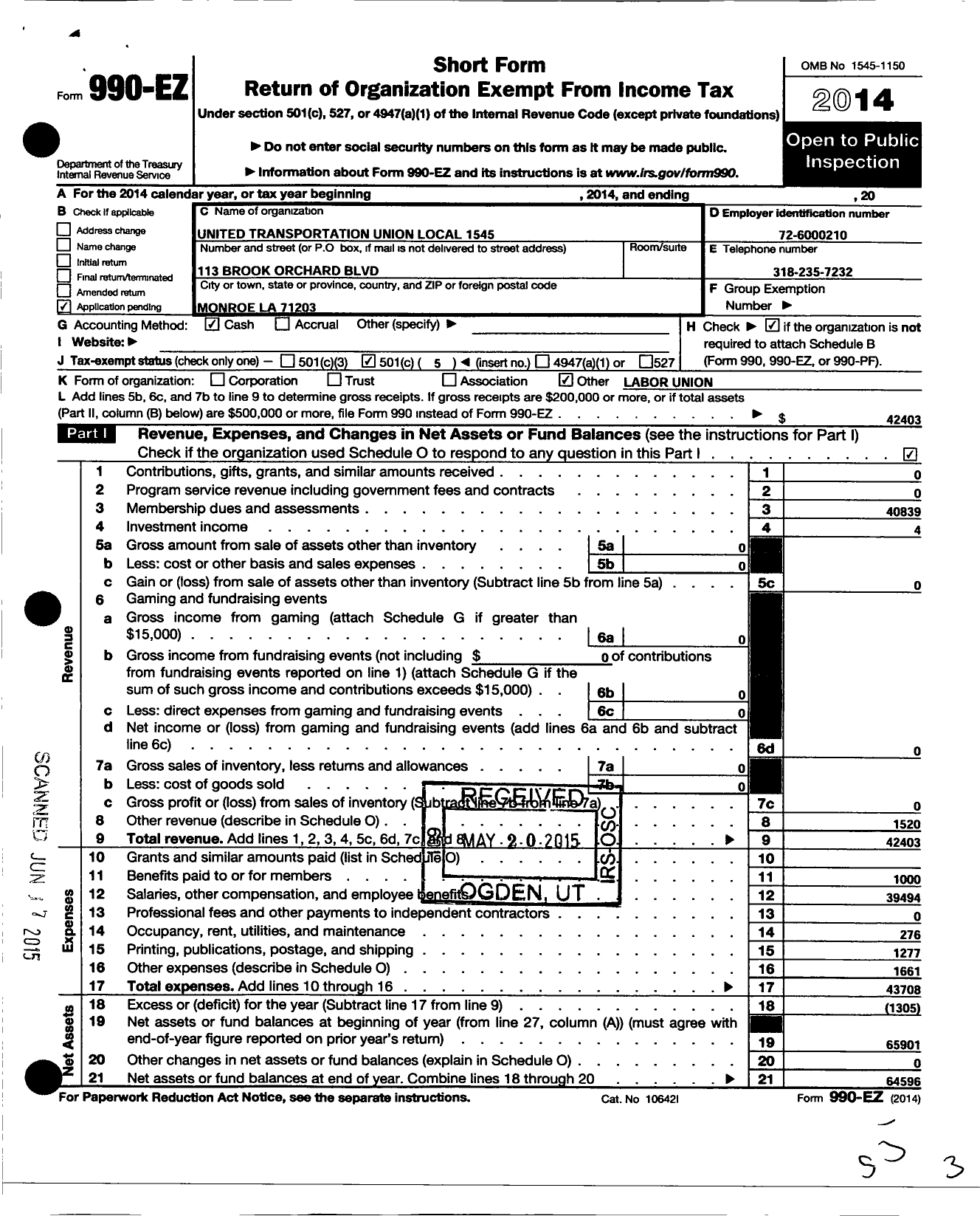 Image of first page of 2014 Form 990EO for Smart Union - 1545 TD