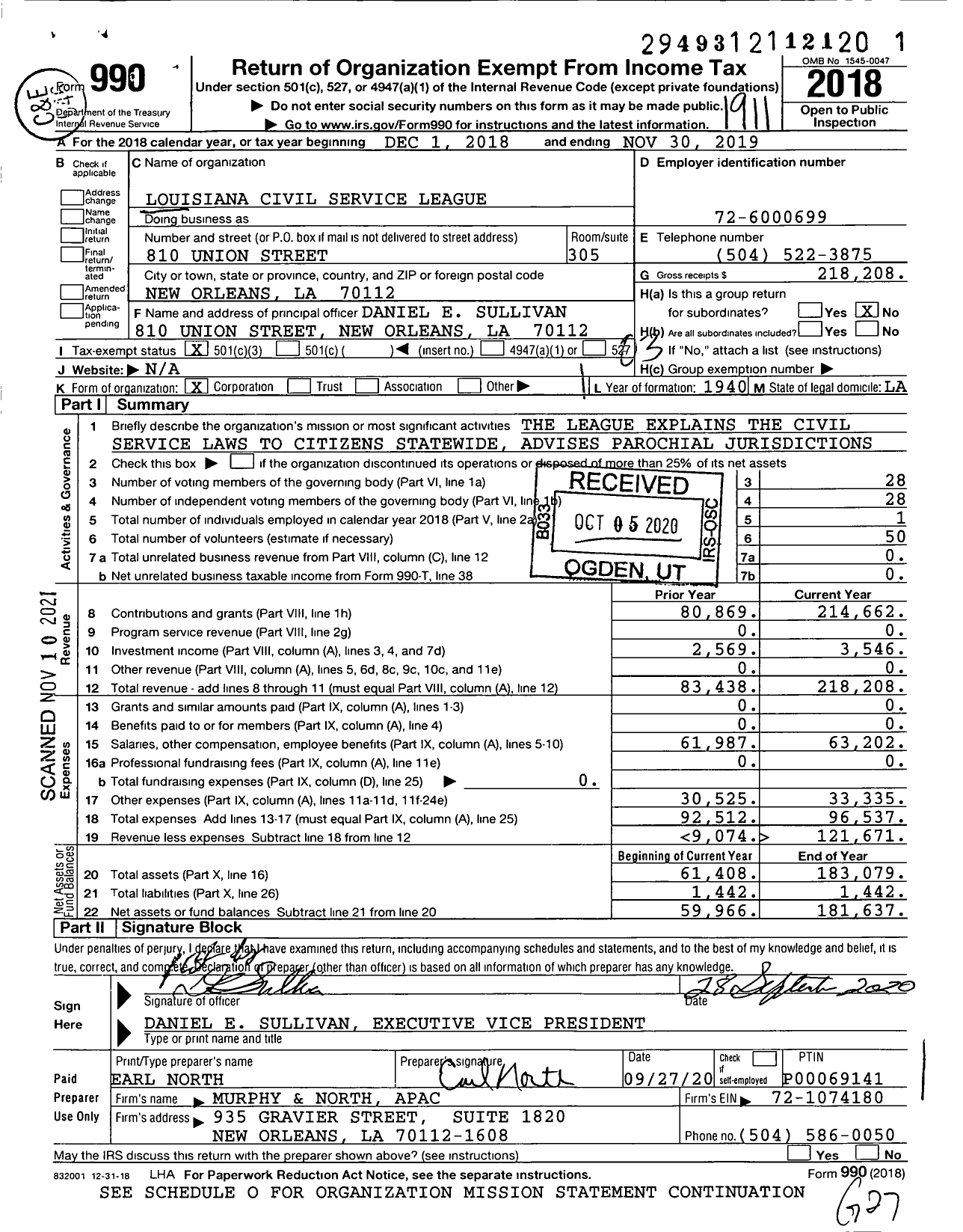 Image of first page of 2018 Form 990 for Louisiana Civil Service League