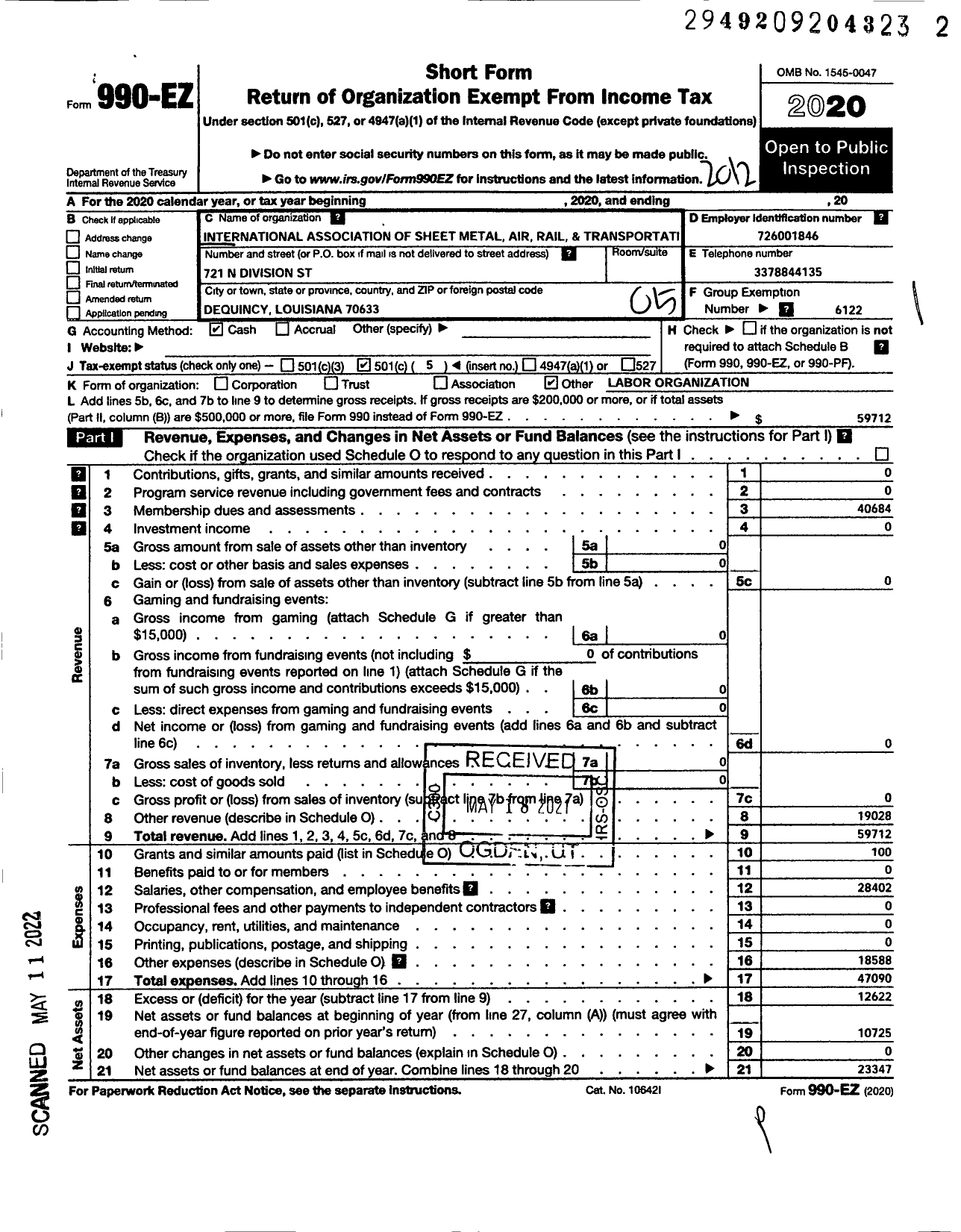 Image of first page of 2020 Form 990EO for Smart Union - 1458 TD