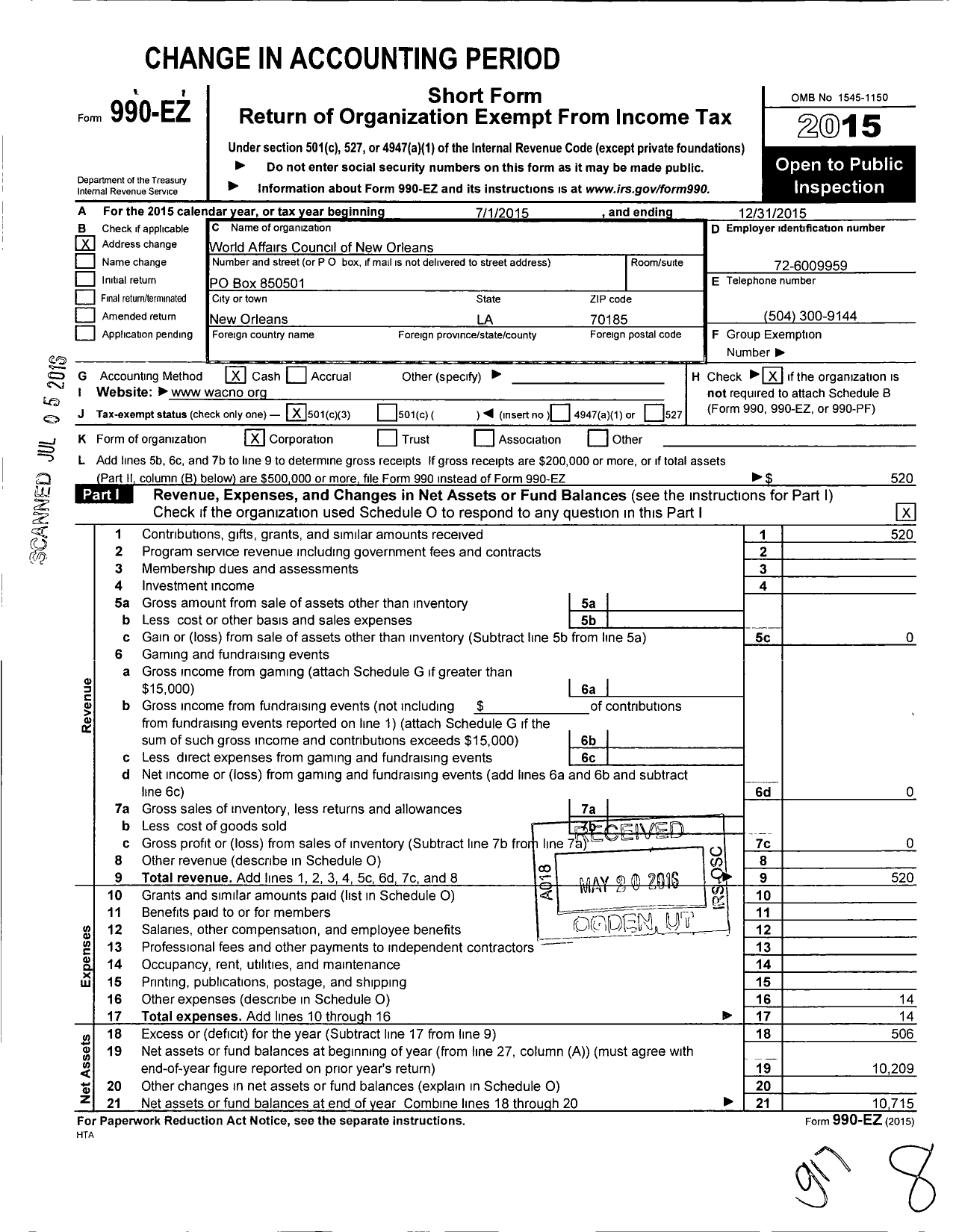 Image of first page of 2015 Form 990EZ for World Affairs Council of New Orleans