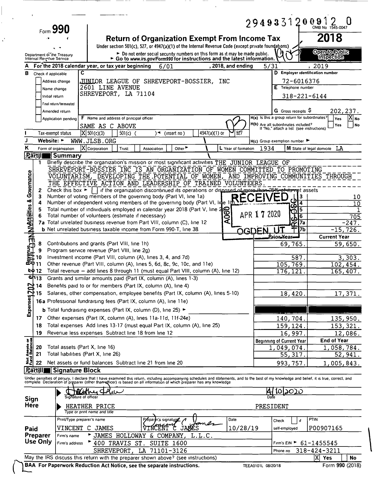 Image of first page of 2018 Form 990 for Junior League of Shreveport- Bossier